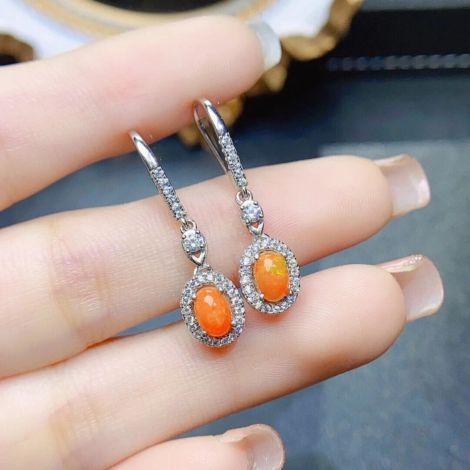 Orange Fire Opal Dangle Earrings, Colorful Orange Opal Dangle Earrings 4x6mm
