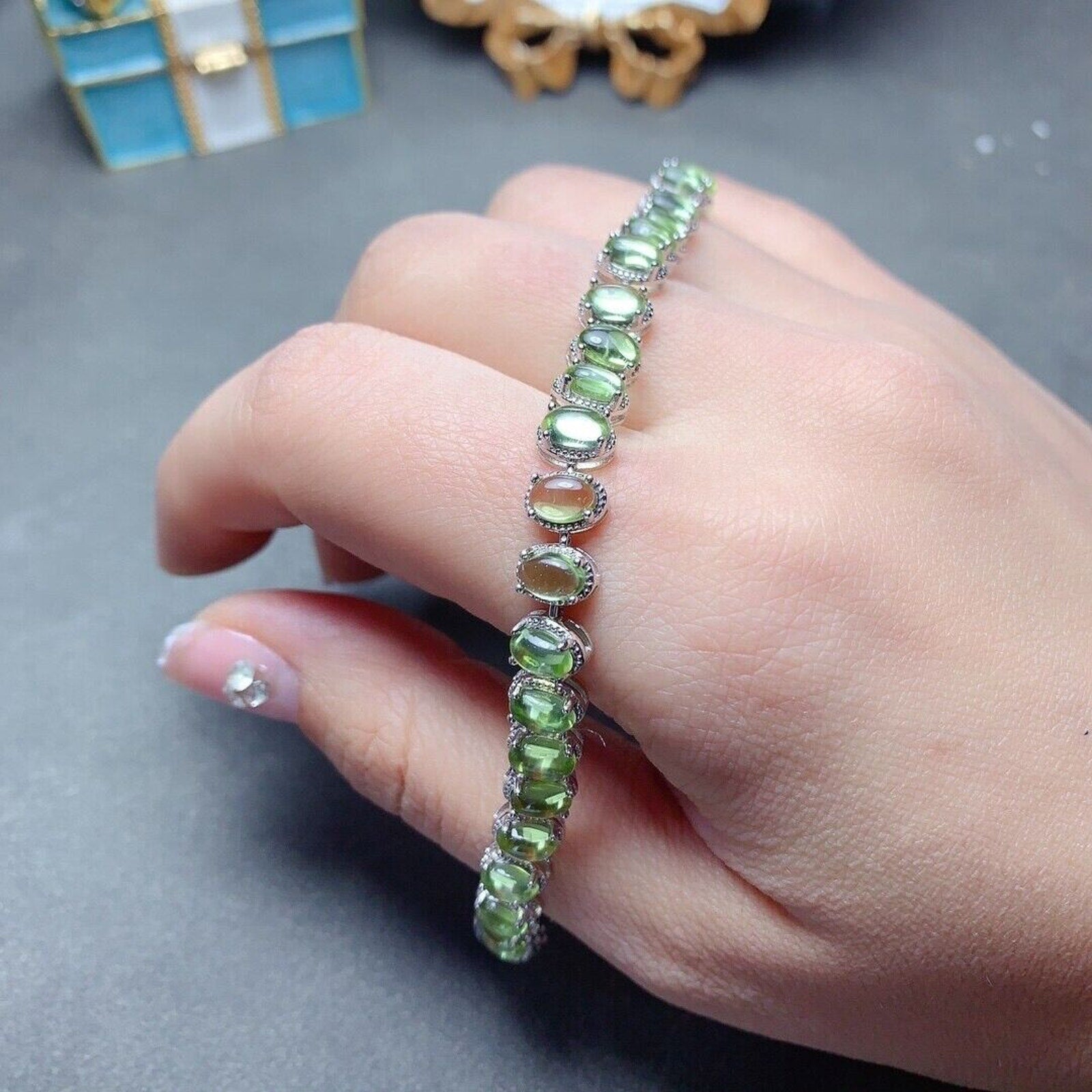 Natural 4x6mm Hebei Peridot Bracelet, Peridot 925 Sterling Silver Bracelet