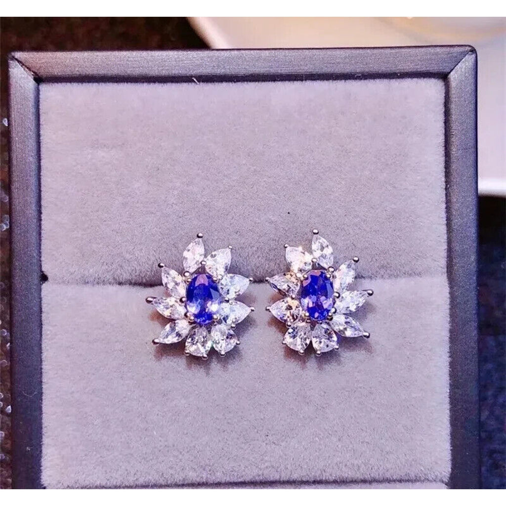 VVS1 Purple Tanzanite Cluster Stud Earrings 4x6mm, Tanzanite Stud Earrings