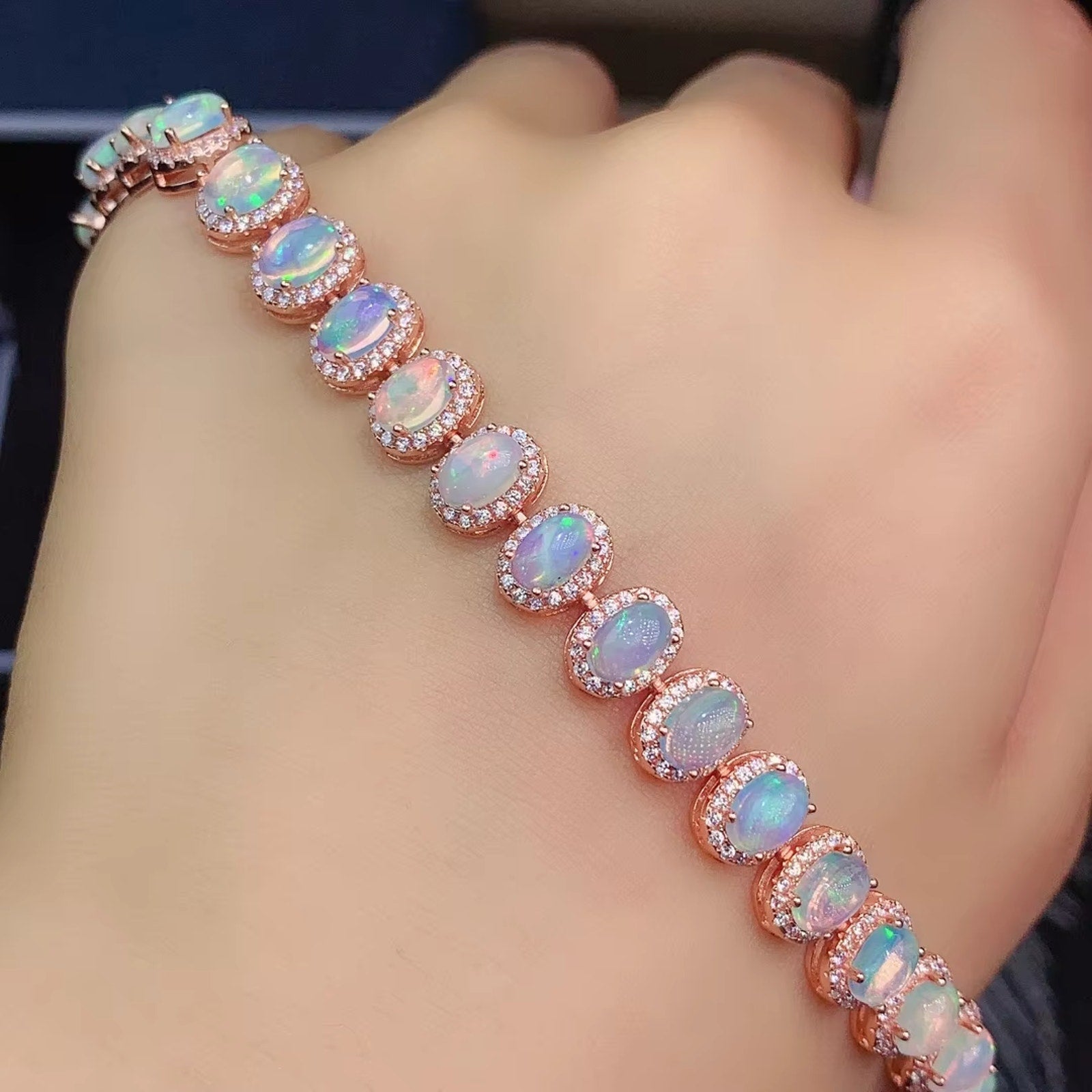 Fire Opal Bracelet, Natural Opal Tennis Bracelet 925 Sterling Silver