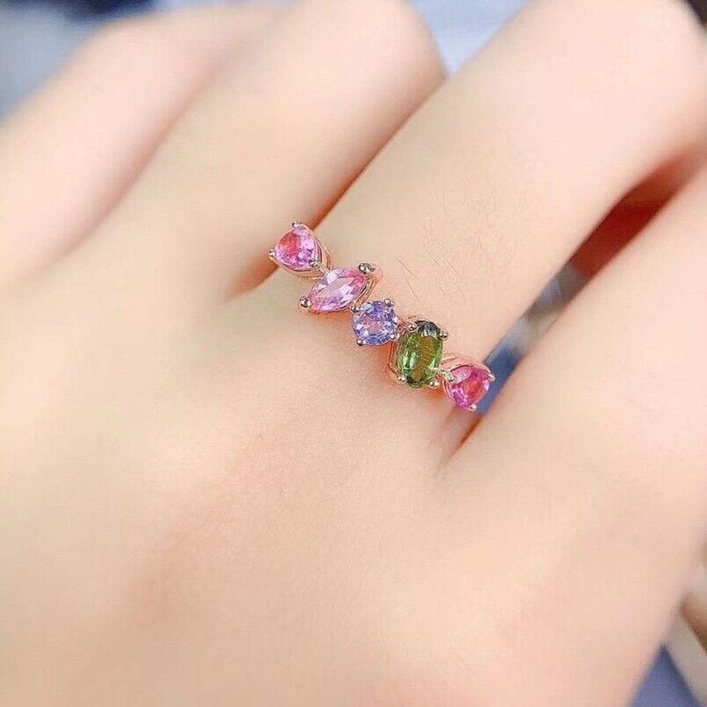 Natural Tourmaline Gemstone Band Ring, Irregular Shape Tourmaline Band Ring