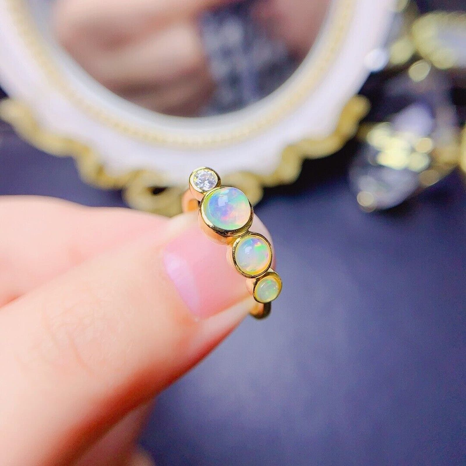 Adjustable Opal Stacking Ring, Stackable Opal Ring, Bezel Set Opal Ring