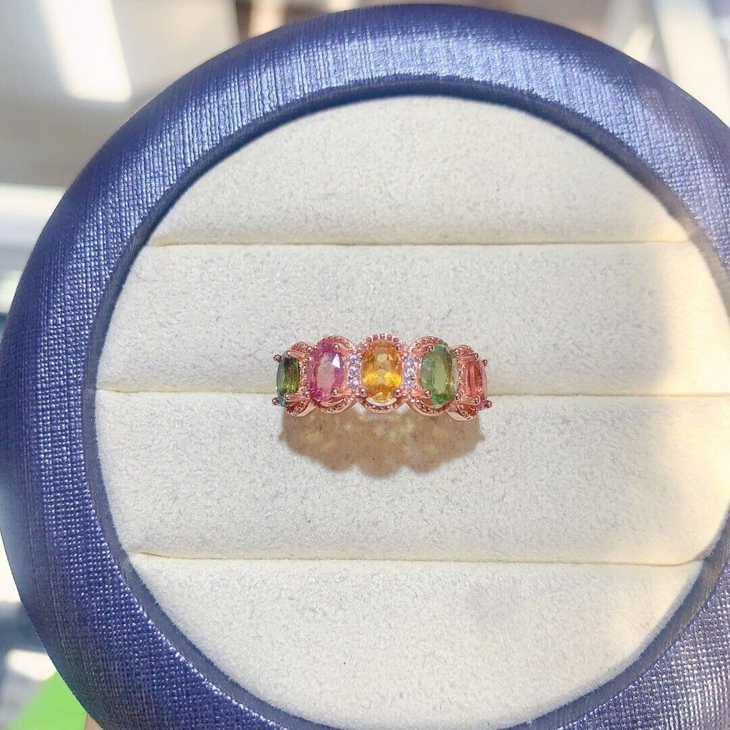 Natural Tourmaline Multicolor Band Ring, Tourmaline Gemstone Ring Silver