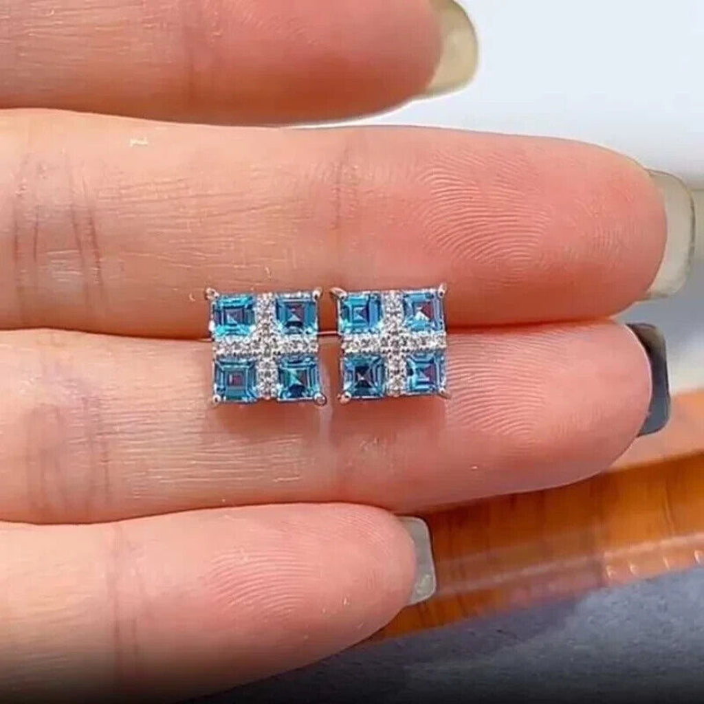 Swiss Blue Topaz Stud Earrings Platinum Plated Silver, Bright Blue Topaz Earring