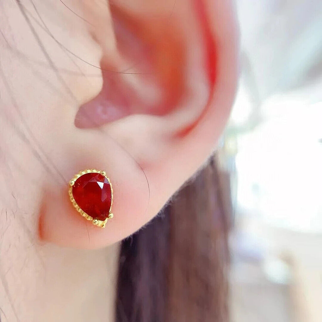 Natural Orange Garnet Stud Earrings 5x7mm Platinum Plated, Garnet Stud Earrings