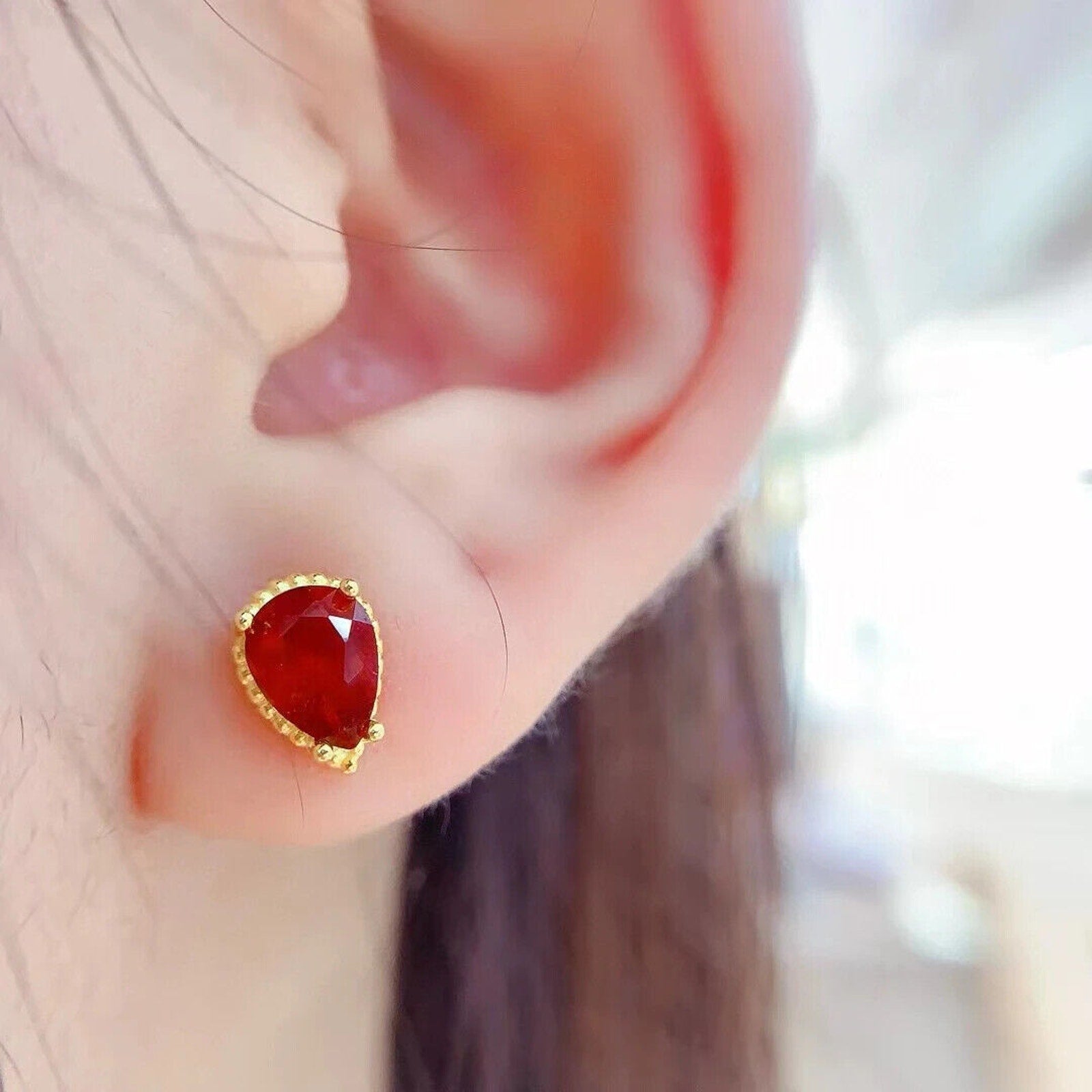 Natural Orange Garnet Stud Earrings 5x7mm Platinum Plated, Garnet Stud Earrings