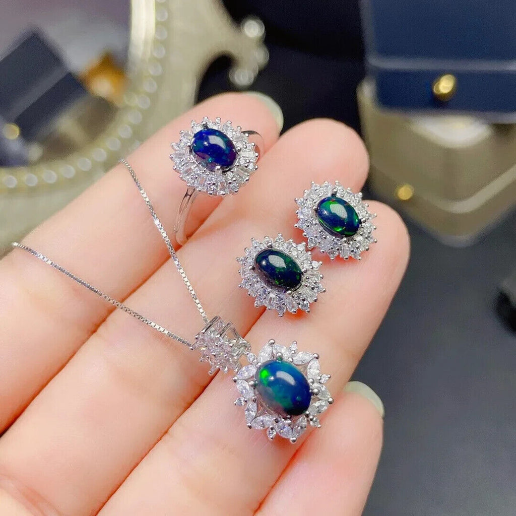 Natural Black Opal Jewelry Set 5x7mm, Women's Dainty Fire Opal Jewelry Set