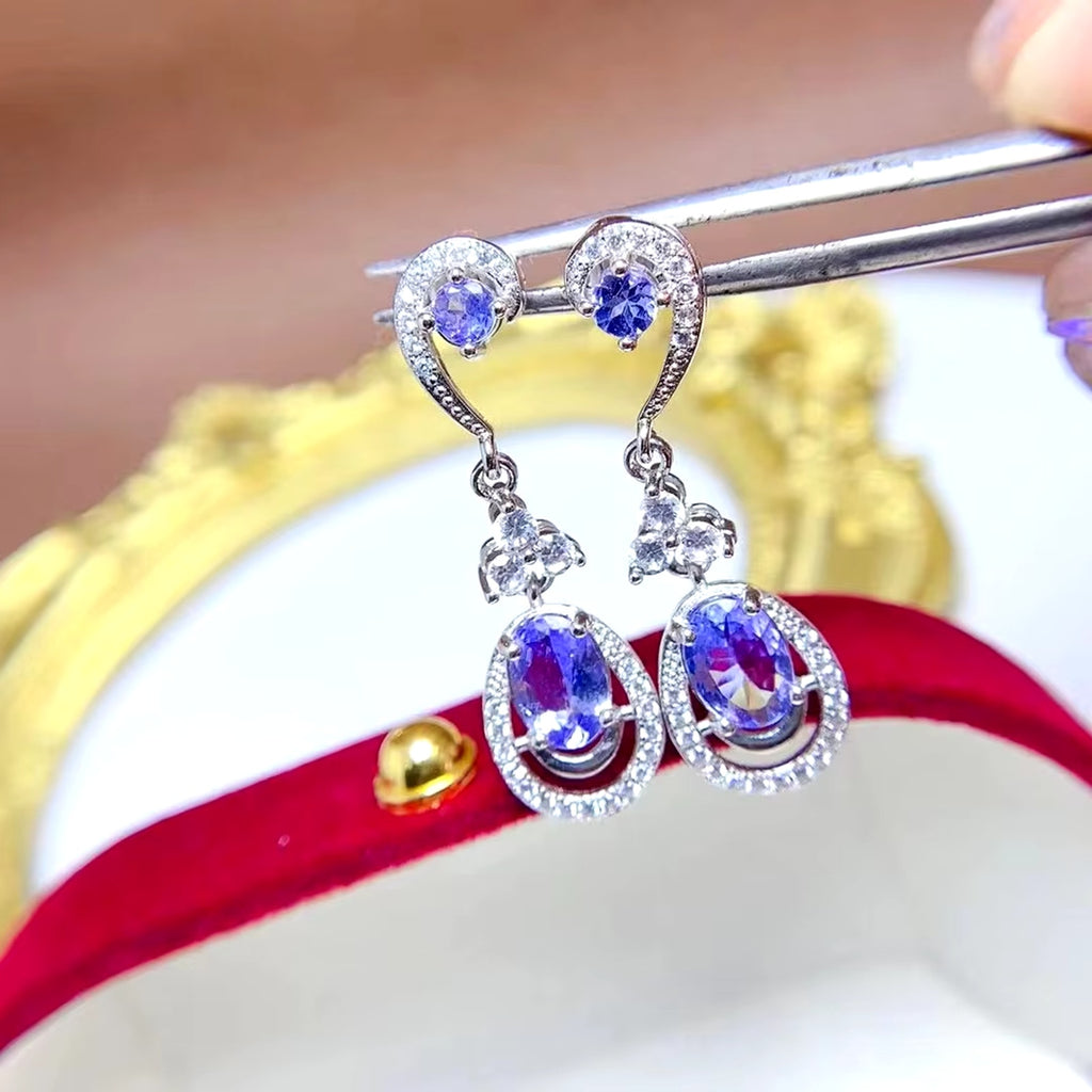 Natural Tanzanite Earrings, Purple Tanzanite Statement Earrings Sterling Silver