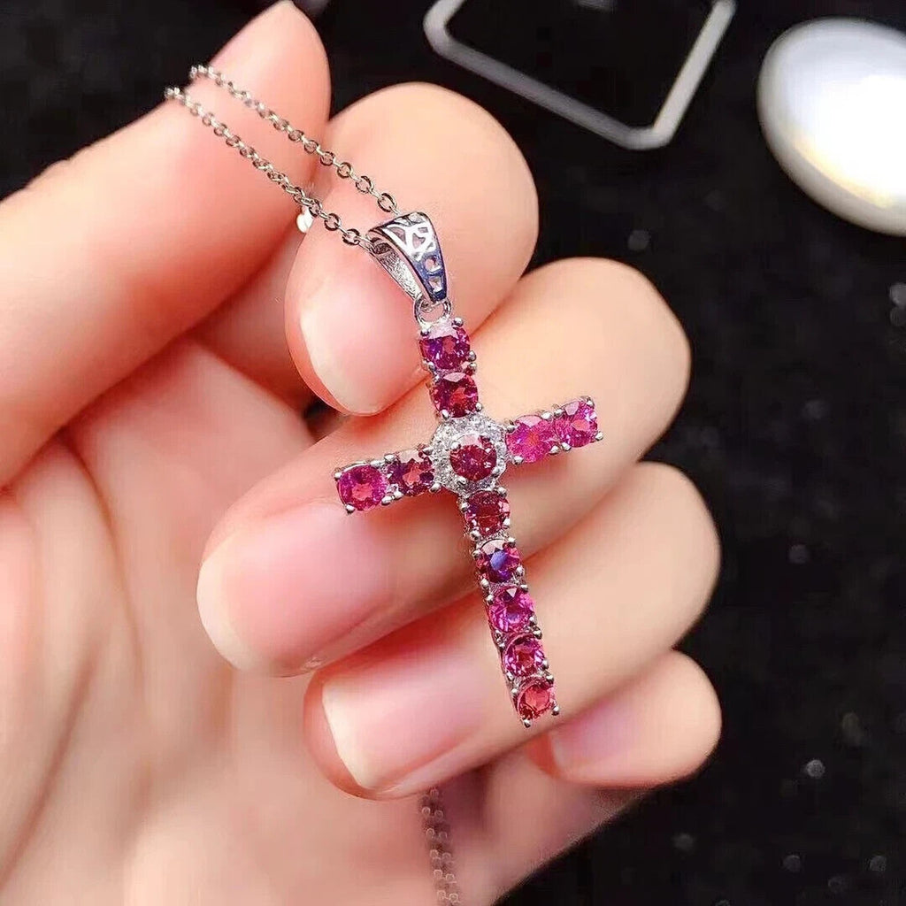 Natural Pink Tourmaline Cross Necklace, Gemstone Cross Necklace 925 Sterling