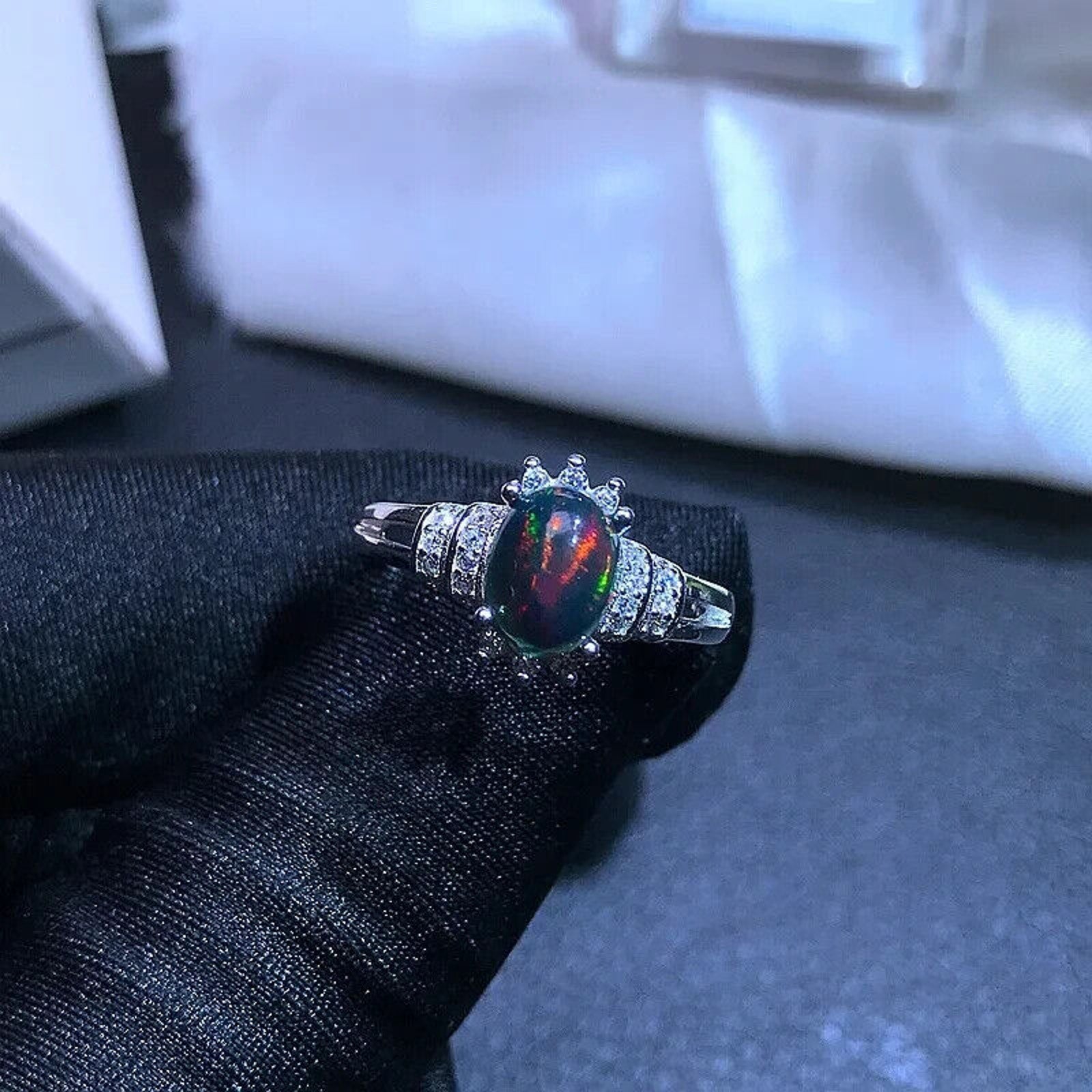 Colorful Dainty Black Fire Opal Ring, Multicolor Fire Opal Ring Sterling Silver