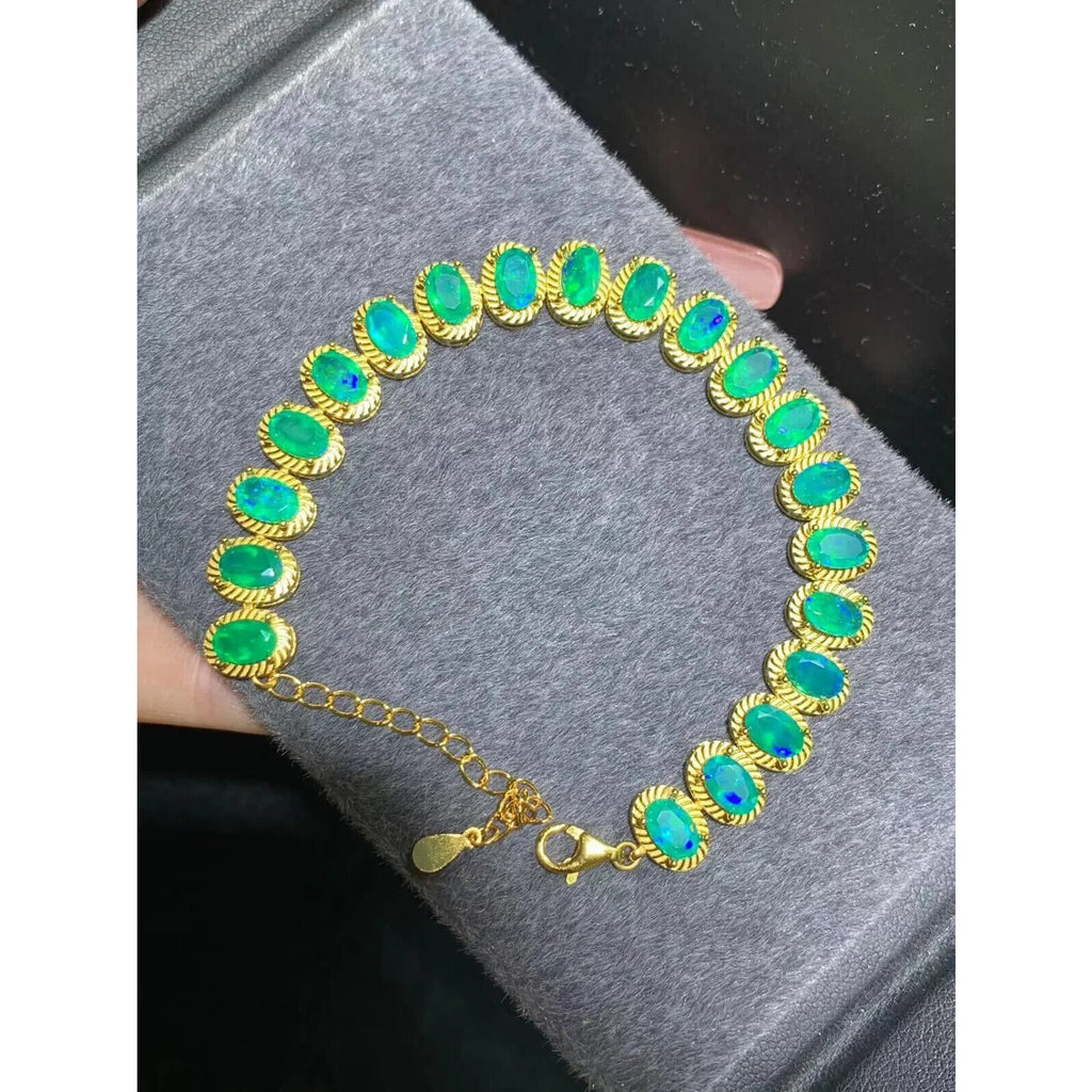 Natural Green Fire Opal Gemstone Bracelet, Fire Opal Tennis Bracelet Green 4x6mm
