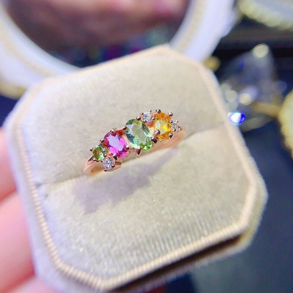 Natural Tourmaline Cluster Band Ring, Multicolor Tourmaline Sterling Silver Ring