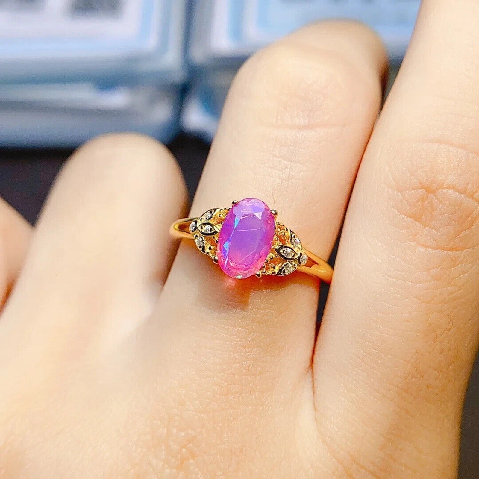Pink Fire Opal Cluster Ring 5x8mm, Sterling Silver Natural Pink Fire Opal Ring
