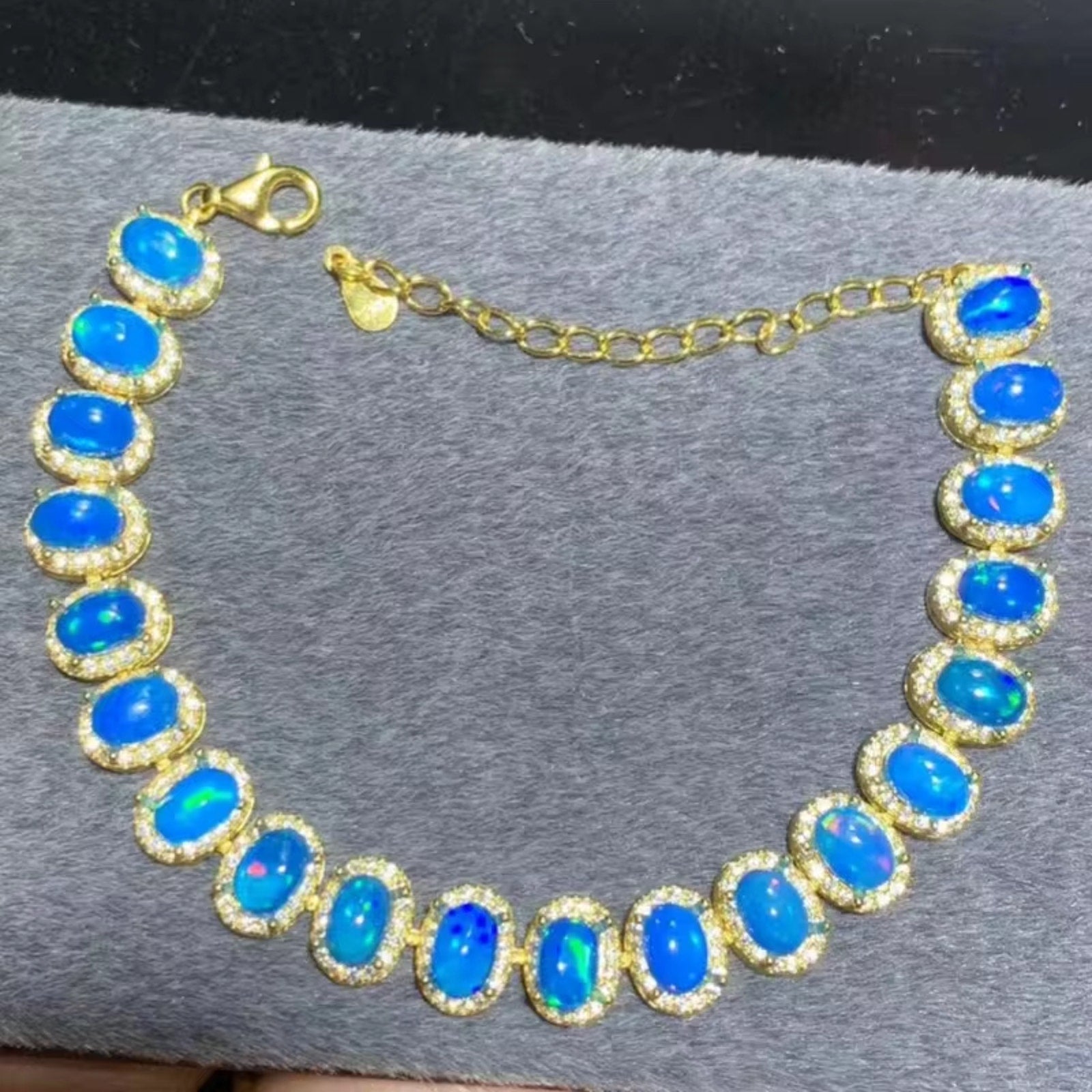 Blue Fire Opal Tennis Bracelet 4x6mm Sterling Silver, Blue Opal Bracelet