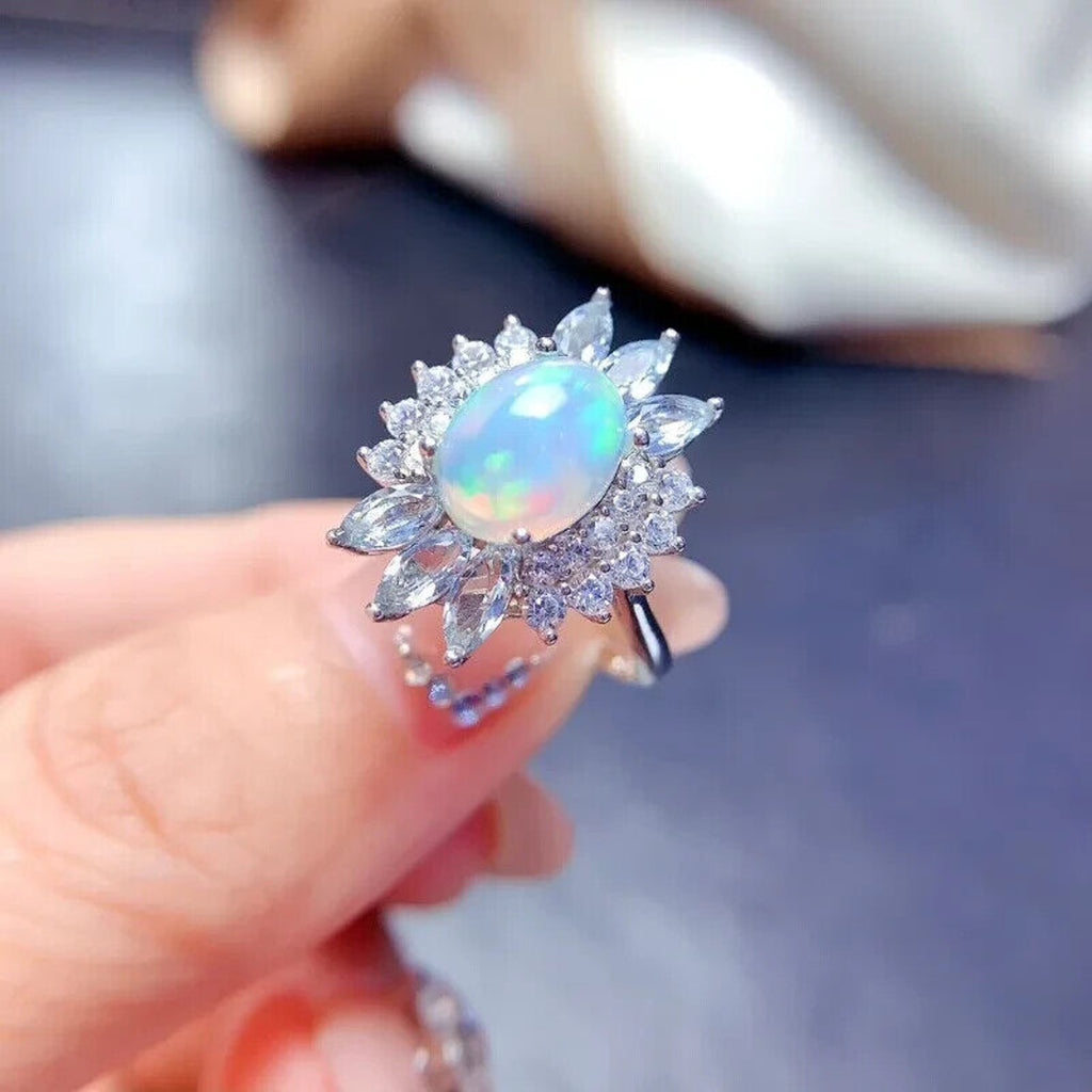 Natural Fire Opal And Aquamarine Gemstone Ring, Opal and Aquamarine Jewelry