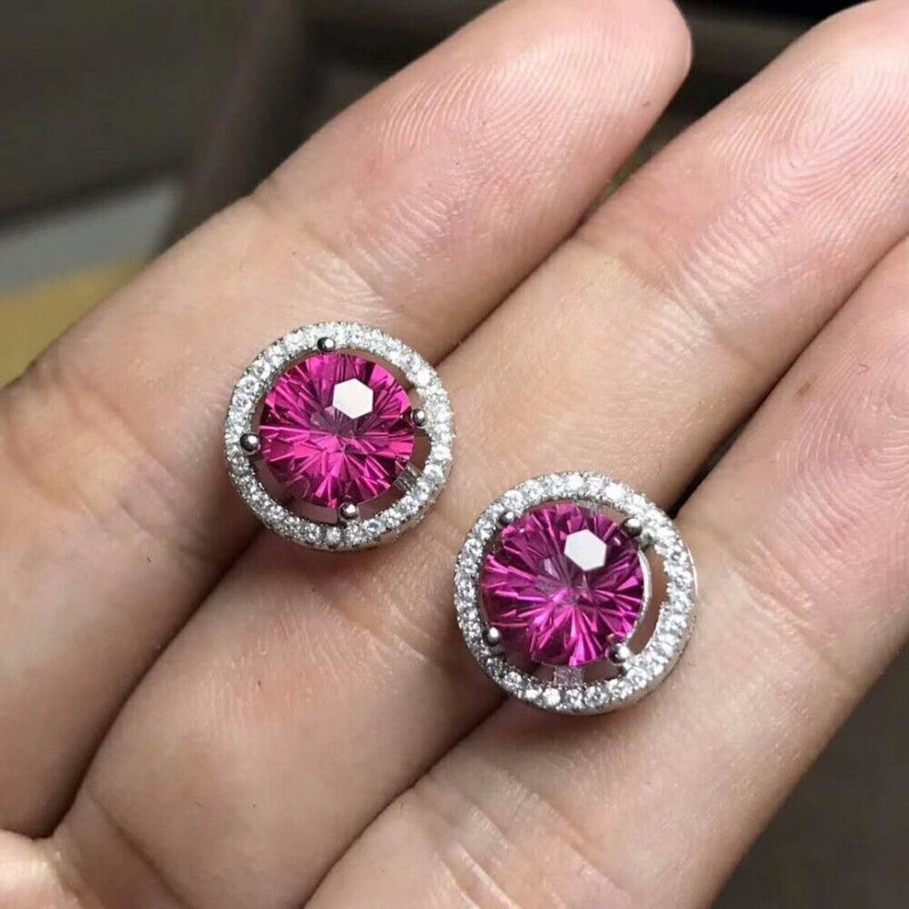Pink Topaz Firework Cut Large 8x8mm Stud Earrings