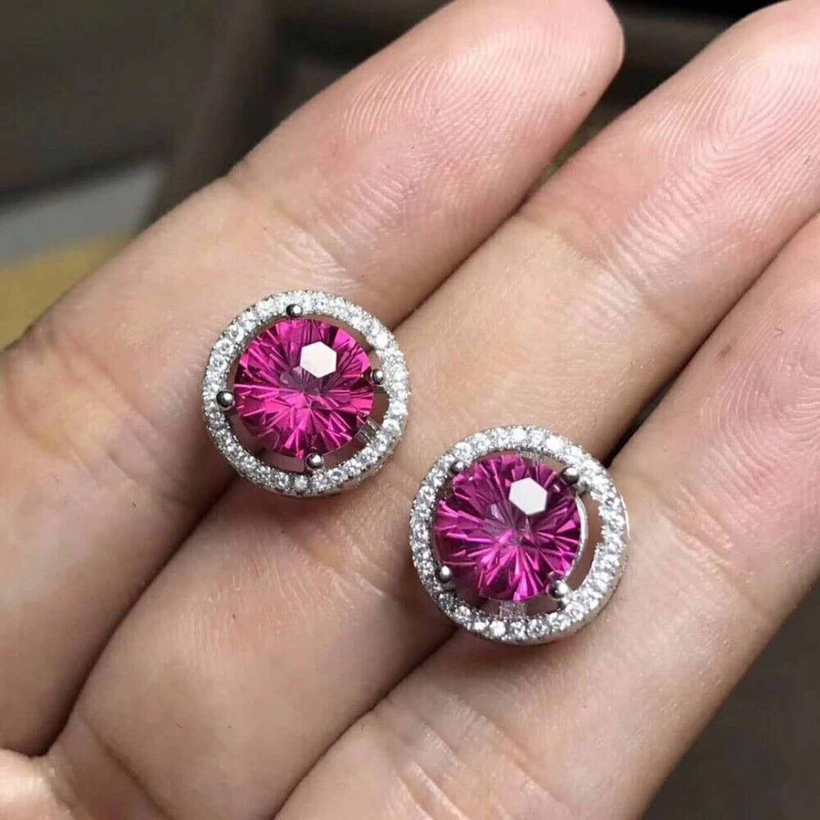 Pink Topaz Firework Cut Large 8x8mm Stud Earrings