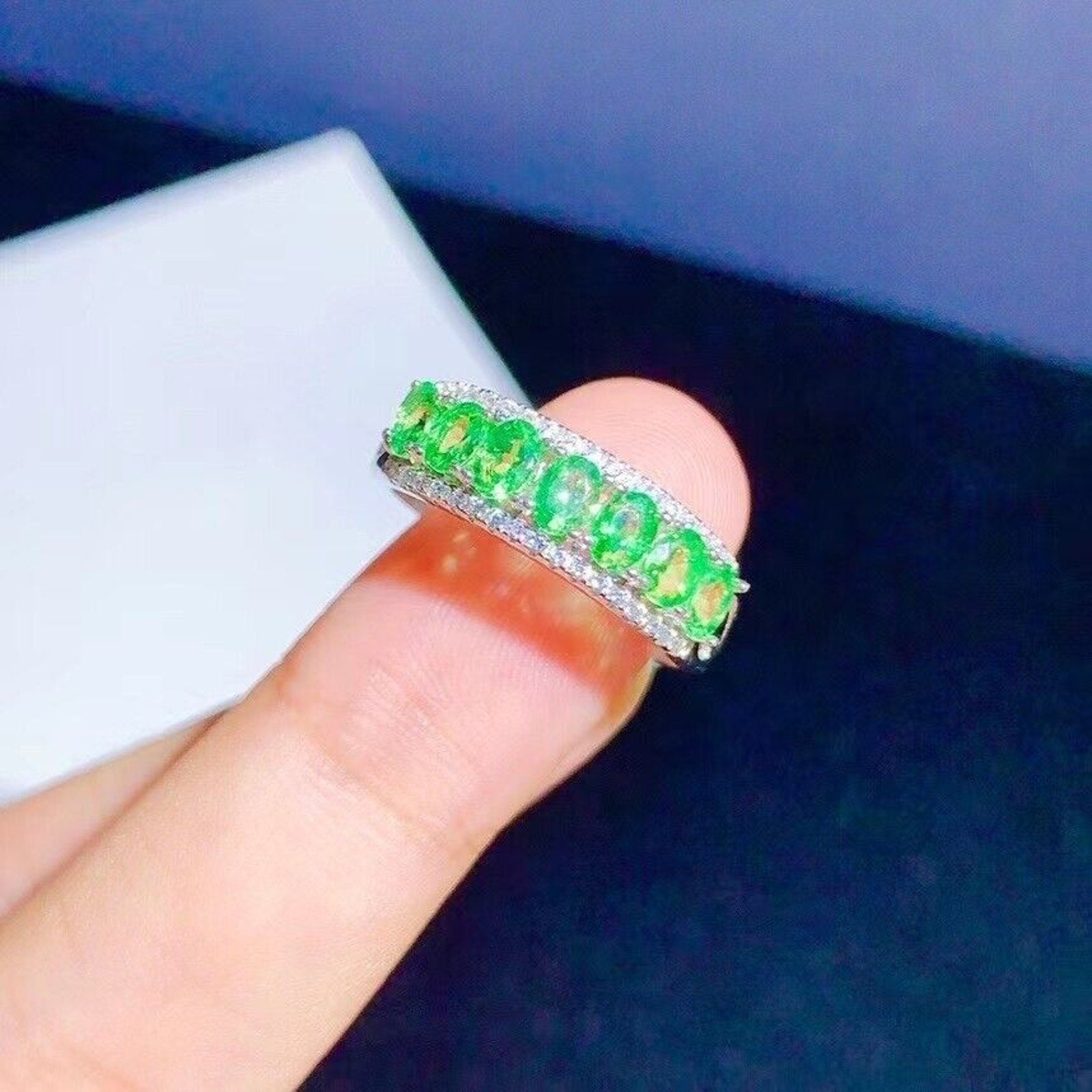 Bright Green Tsavorite Gemstone Band Ring Platinum Plated, Tsavorite Gemstone