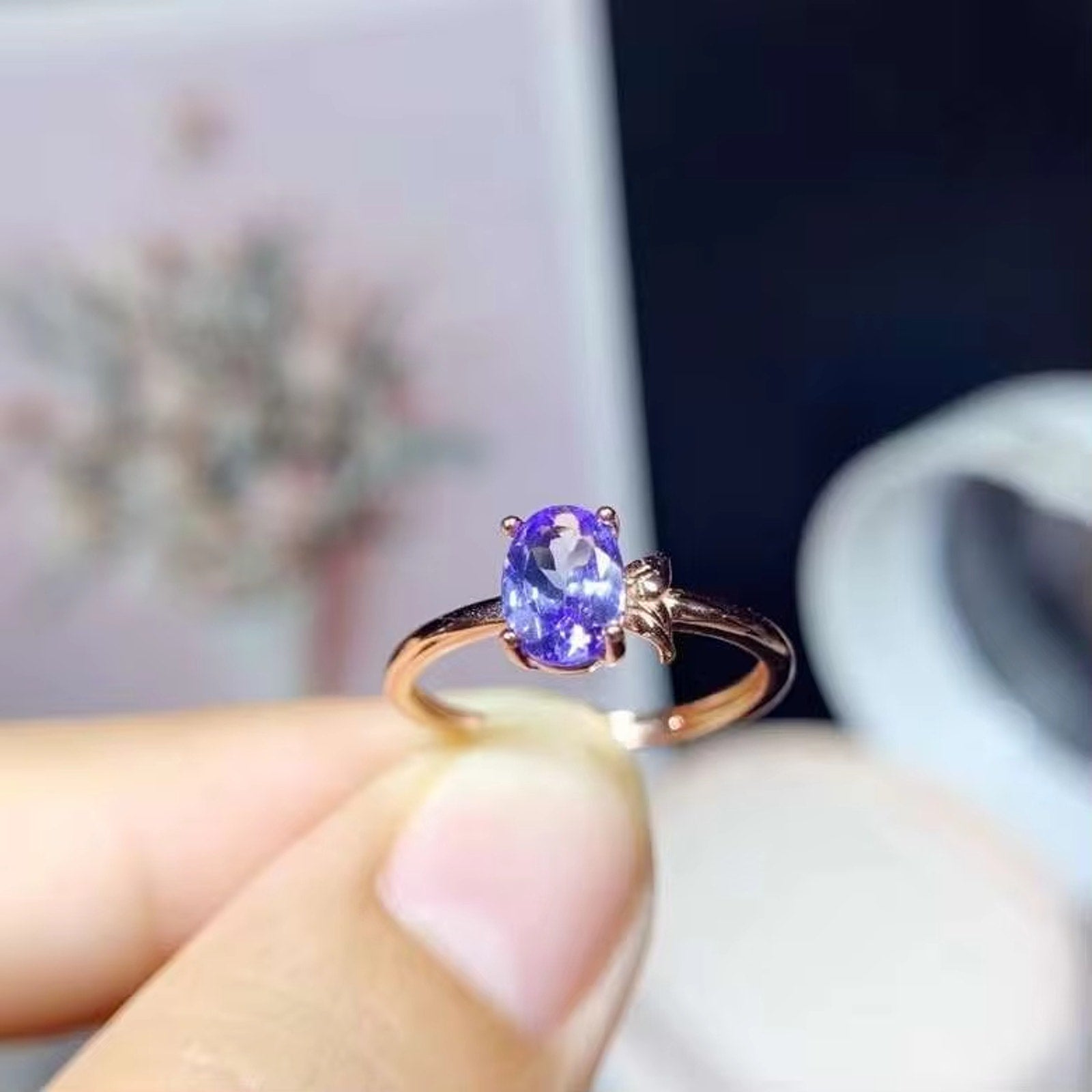 Purple Tanzanite Ring, Natural Tanzanite Ring Sterling Silver 5x7mm