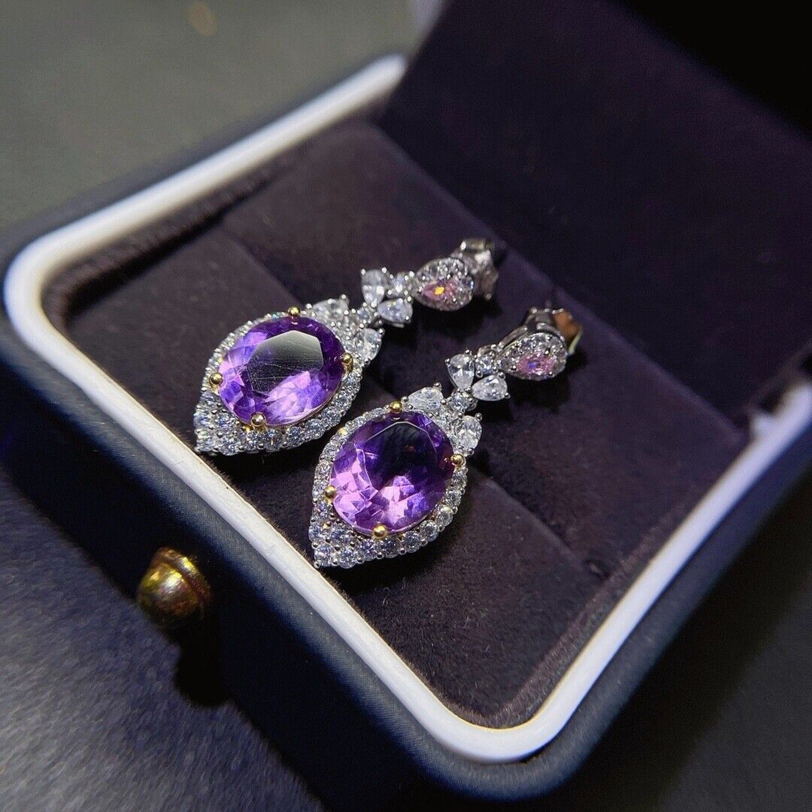 8x10mm Genuine Amethyst Drop Dangle Earrings, Oval Cut Amethyst Earrings