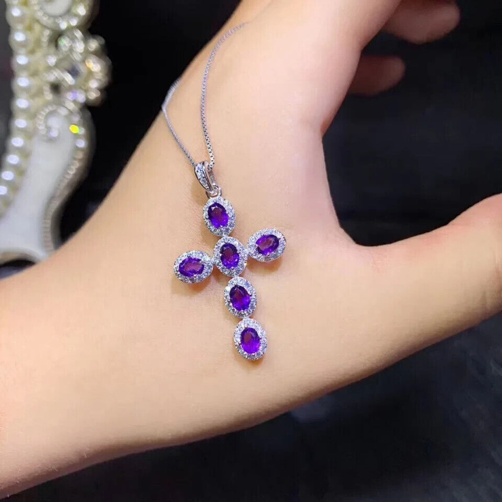 Purple Amethyst Cross Necklace, Natural Amethyst Cross Pendant 925 Sterling