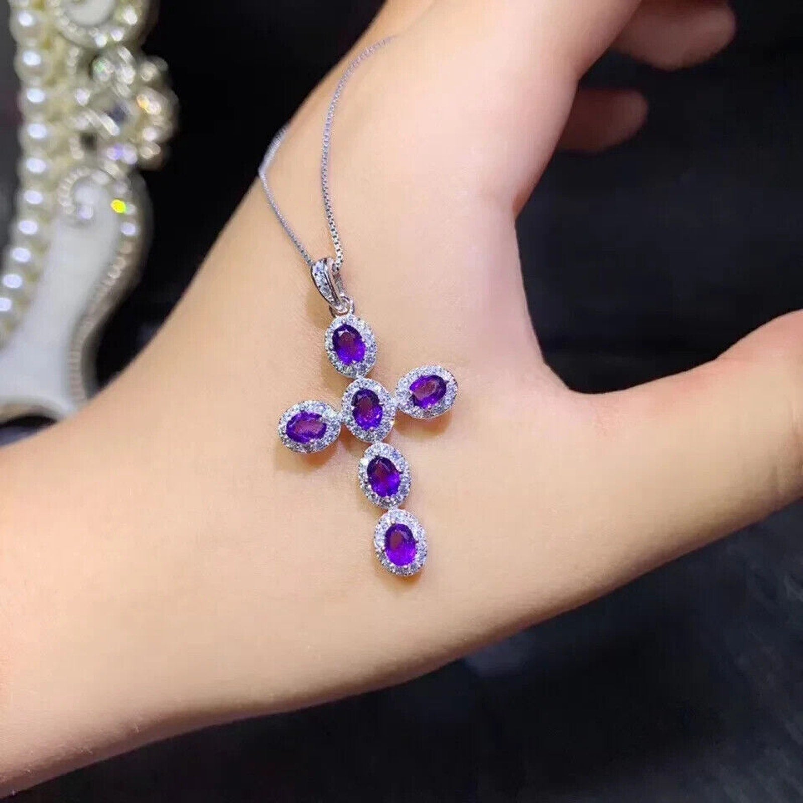 Purple Amethyst Cross Necklace, Natural Amethyst Cross Pendant 925 Sterling