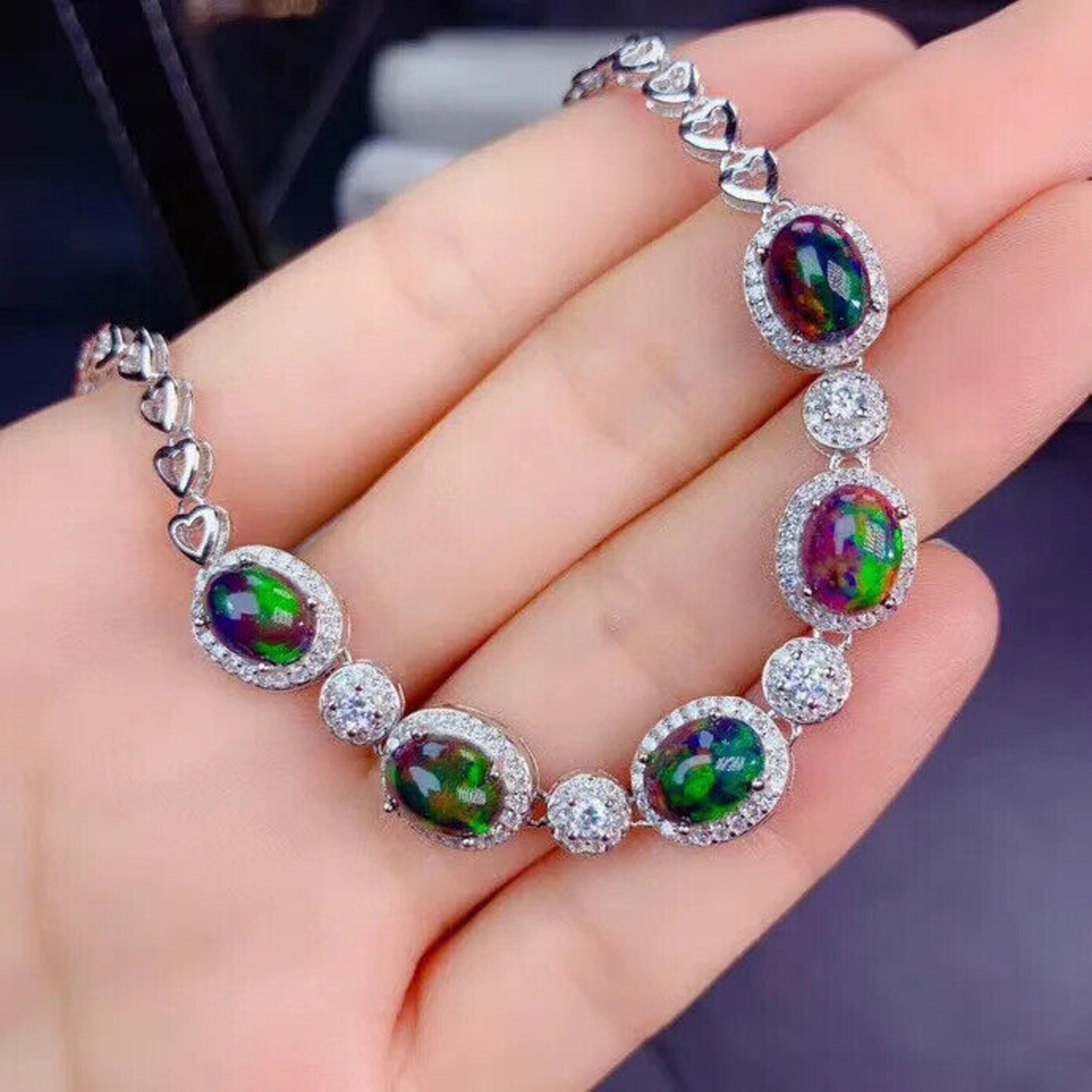 Black Fire Opal Bracelet 925 Sterling Silver, Black Opal Chain Bracelet 6x8mm