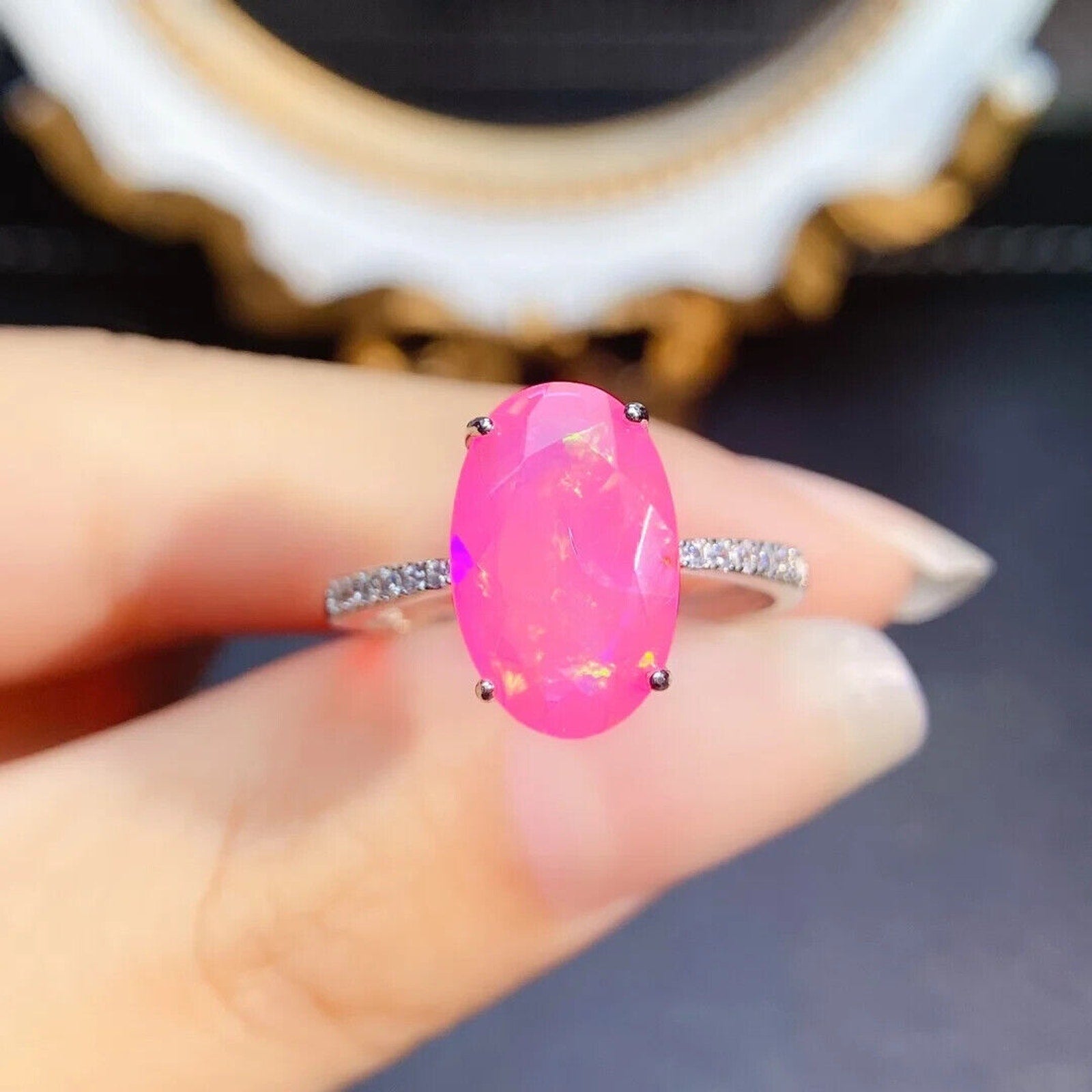 Pink Fire Opal Large Statement Ring 9x14mm, Natural Pink Fire Opal Ring