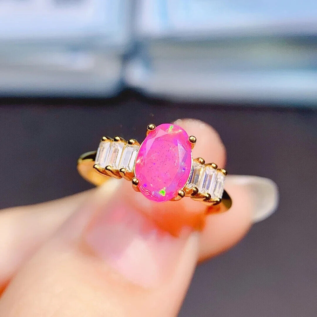 Pink Fire Opal Oval Cut Ring 5x8mm, Natural Pink Fire Opal Ring 925 Sterling