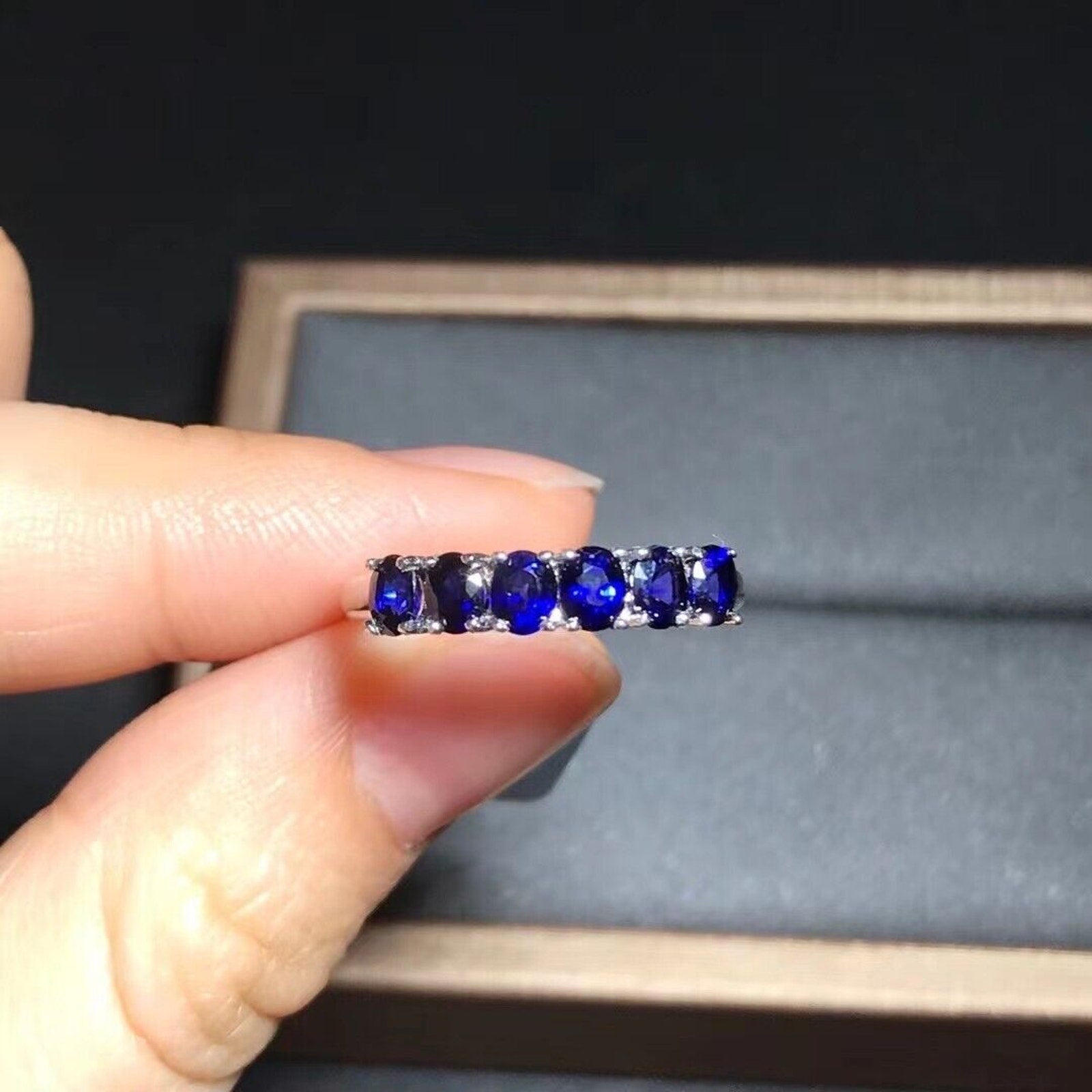 3x4mm Natural Blue Sapphire Band Ring, Genuine Blue Sapphire Band Ring Platinum