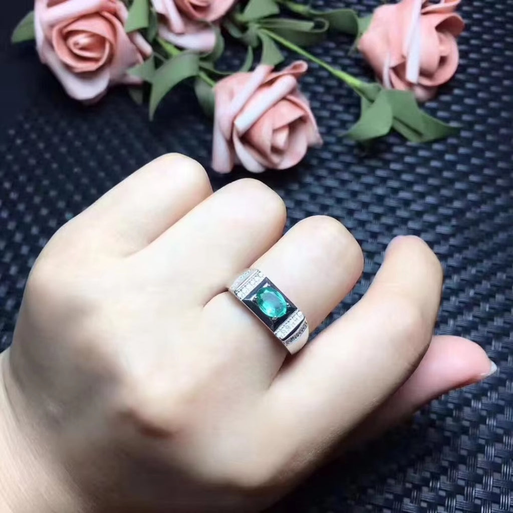 Men's Emerald Ring, Natural Emerald Men's Ring 925 Sterling Silver 5x7mm