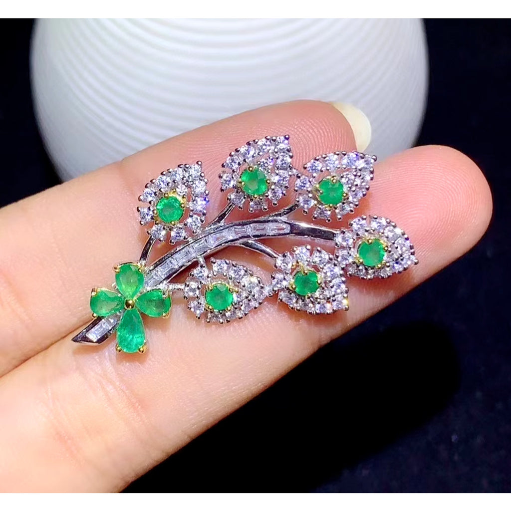 Natural Emerald Brooch Pin, Womens Emerald Flower Brooch Sterling Silver