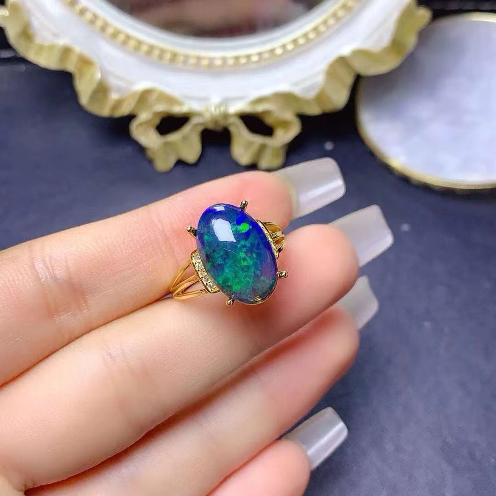 Black Opal Statement Ring, Australian Fire Opal Ring Sterling Silver 10x14mm