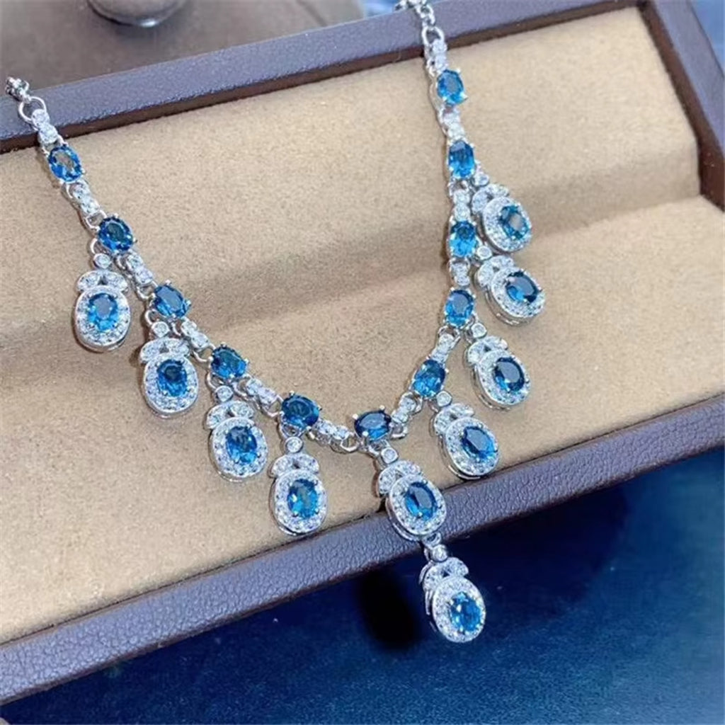 Natural London Blue Topaz Charm Necklace 925 Sterling Silver 3x4mm