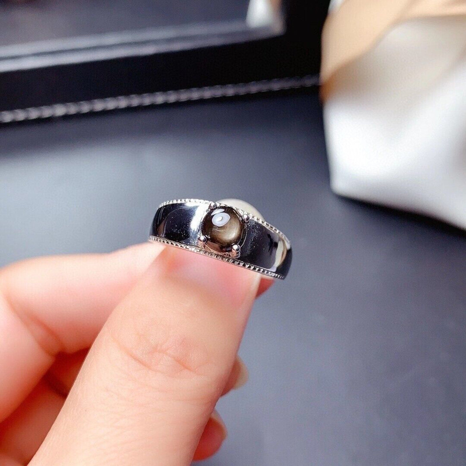 Natural Gray Star Sapphire Sterling Silver Band Ring, Star Sapphire Ring