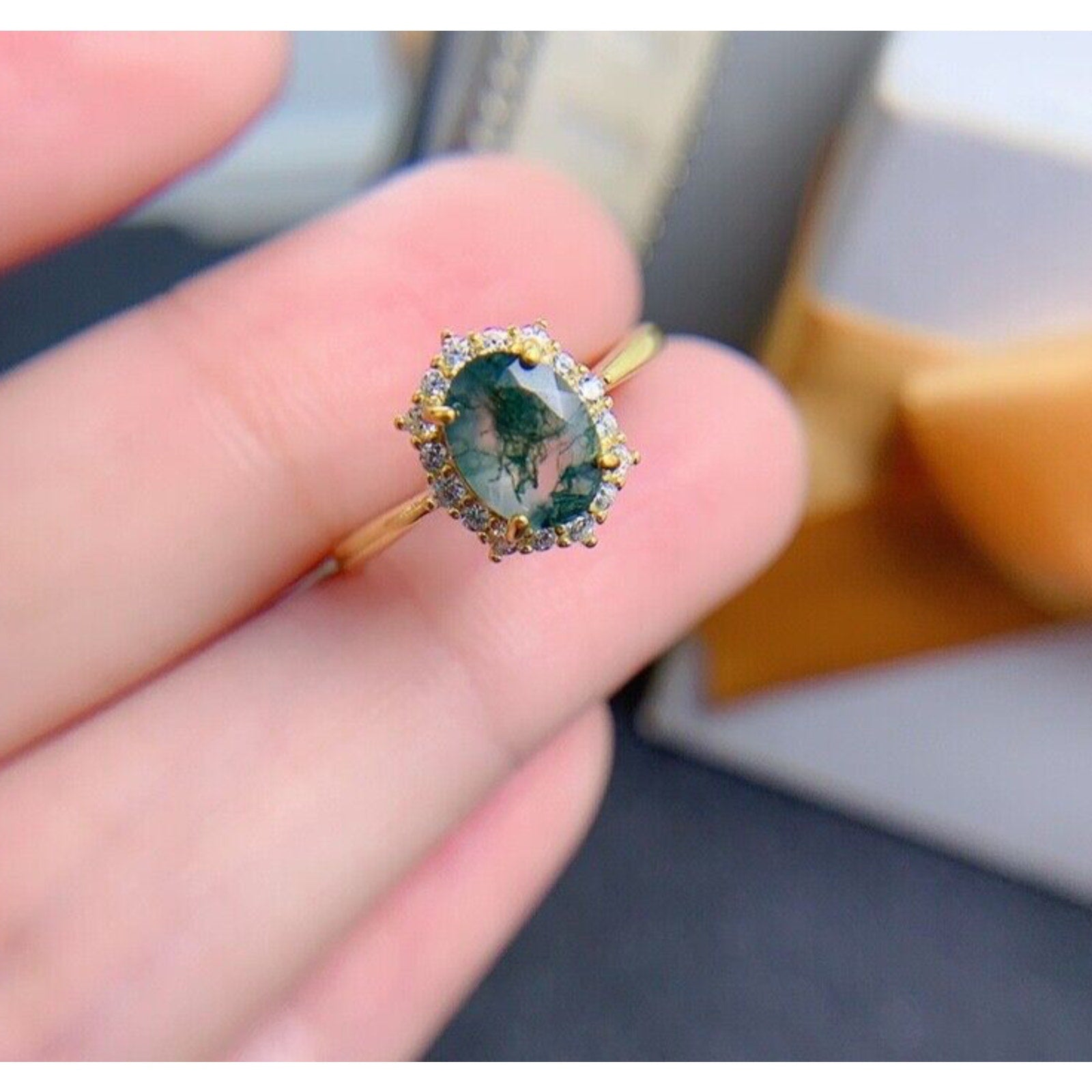 Moss Agate Gemstone Ring 6x8mm 925 Sterling Silver