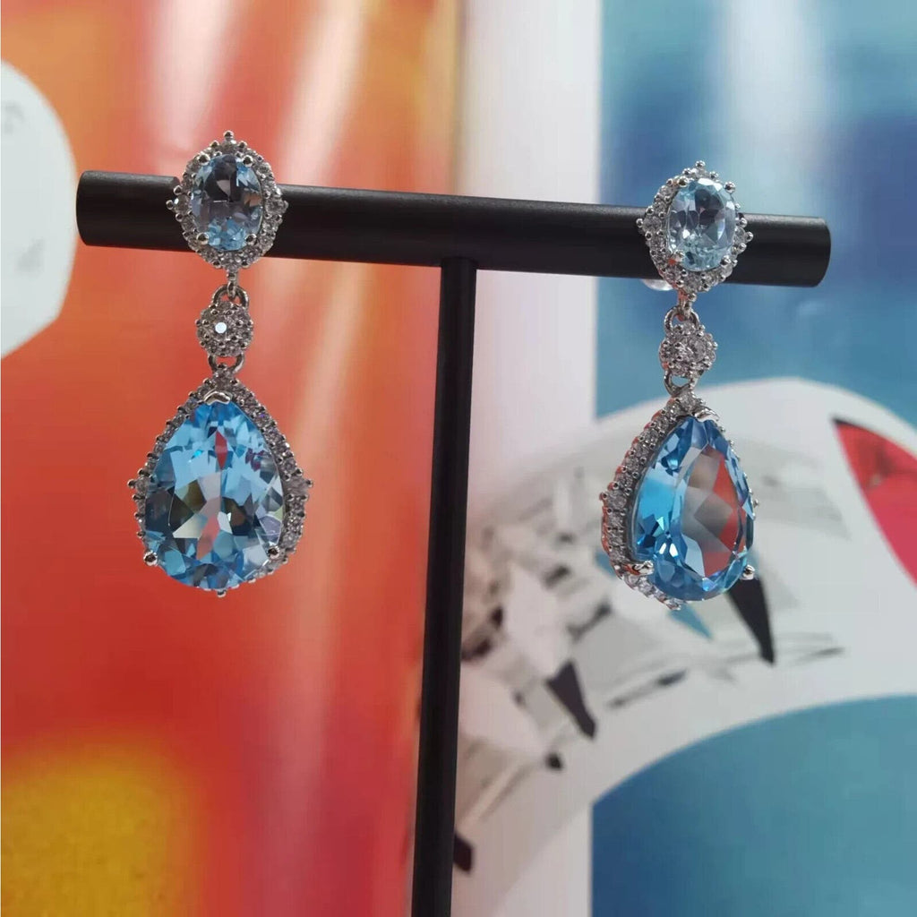 Swiss Blue Topaz Pear Cut Statement Earrings 10x14mm