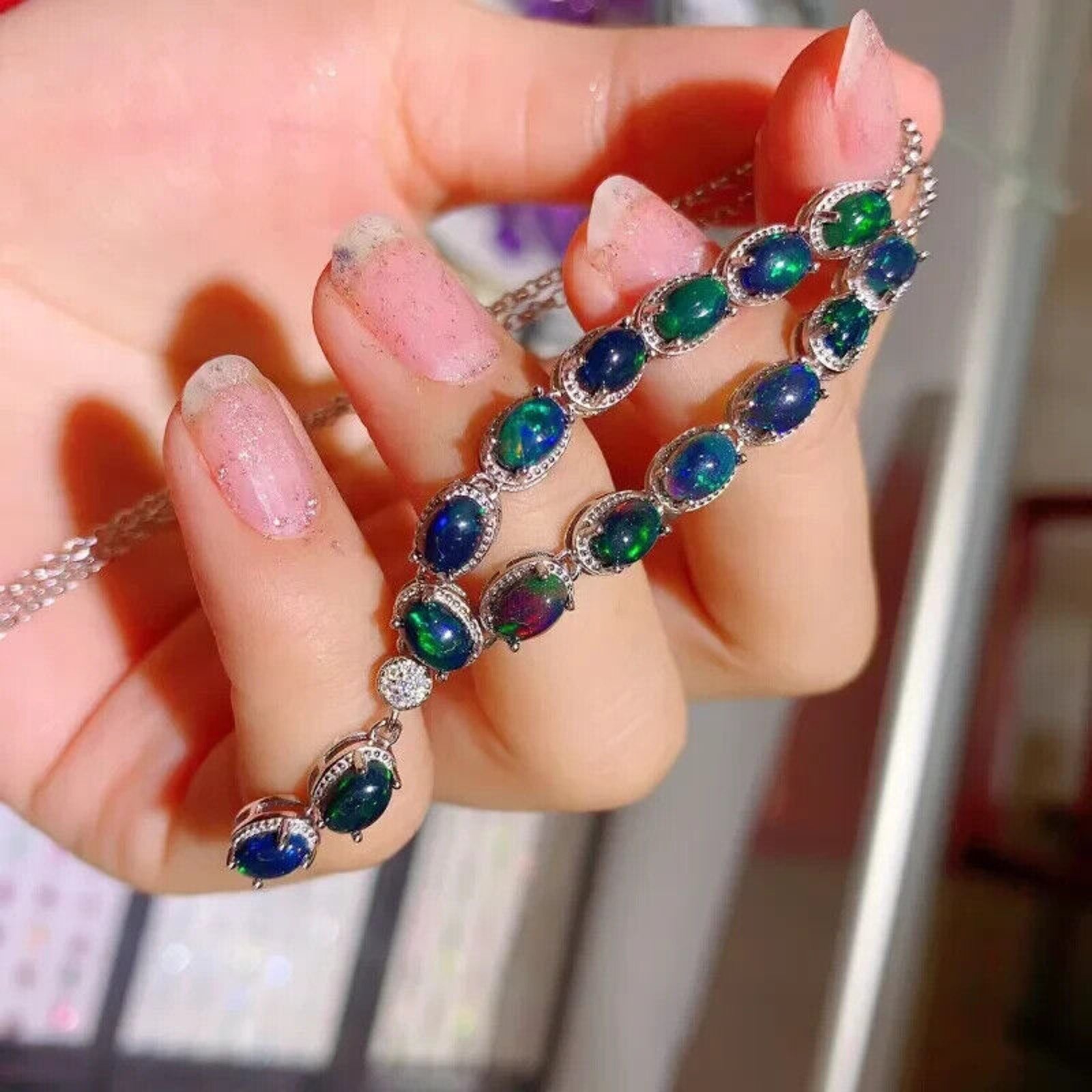 Black Fire Opal Statement Necklace, Natural Black Fire Opal Necklace 4x6mm