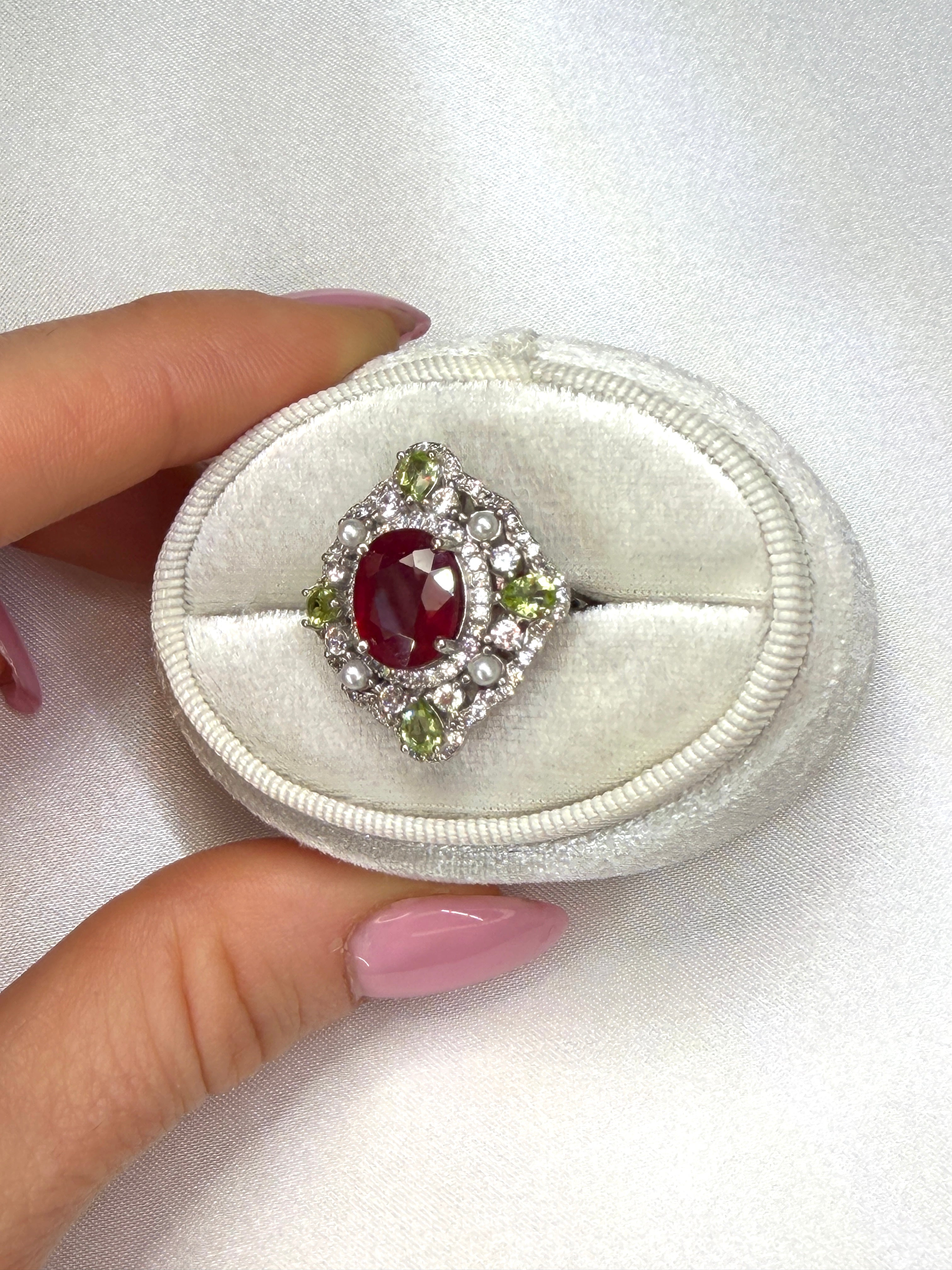 Natural Burma Ruby and Peridot Gemstone Statement Ring