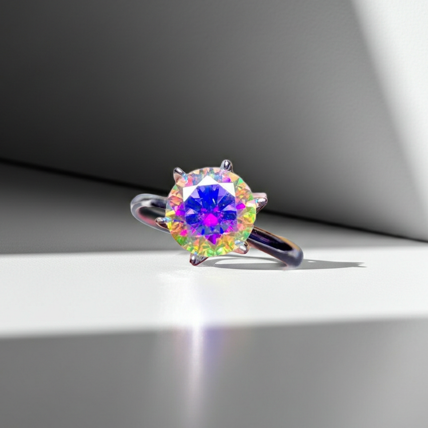 2CT VVS1 Round Brilliant Cut Iridescent Moissanite Ring