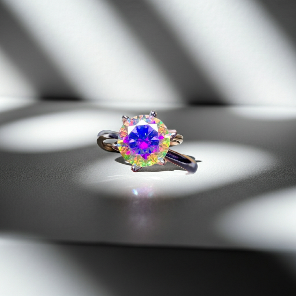 2CT VVS1 Round Brilliant Cut Iridescent Moissanite Ring