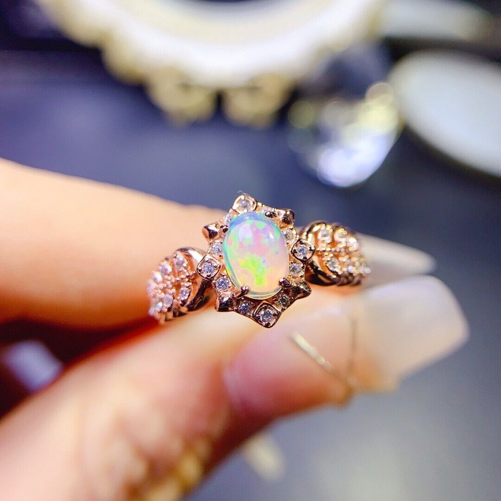 Vintage Style Opal Cocktail Ring, Natural Fire Opal Cocktail Ring Rose Gold