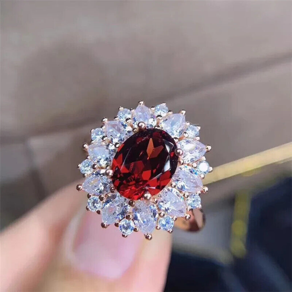 Red Garnet Cluster Statement Ring 7x9mm Platinum Pated Sterling Silver