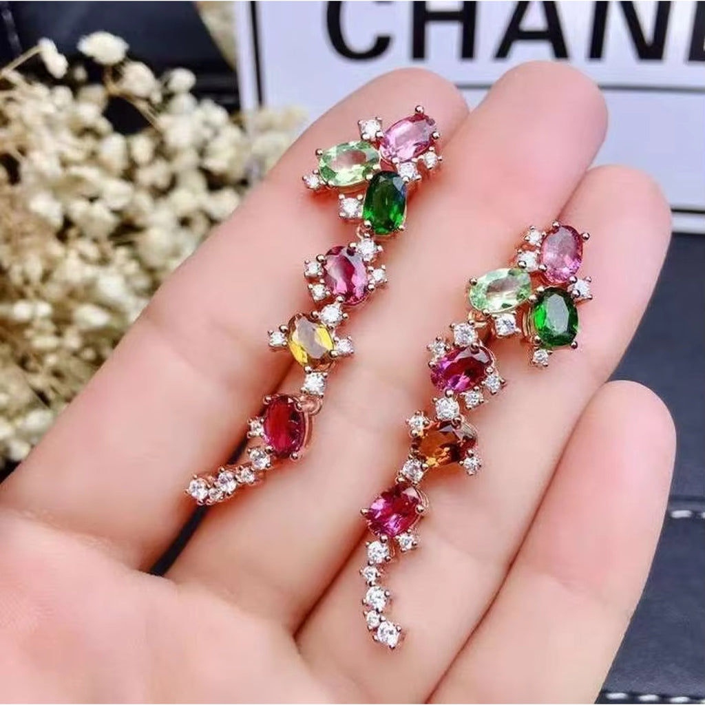 Natural Tourmaline Earrings, Multicolor Brazilian Tourmaline Gemstone Earrings