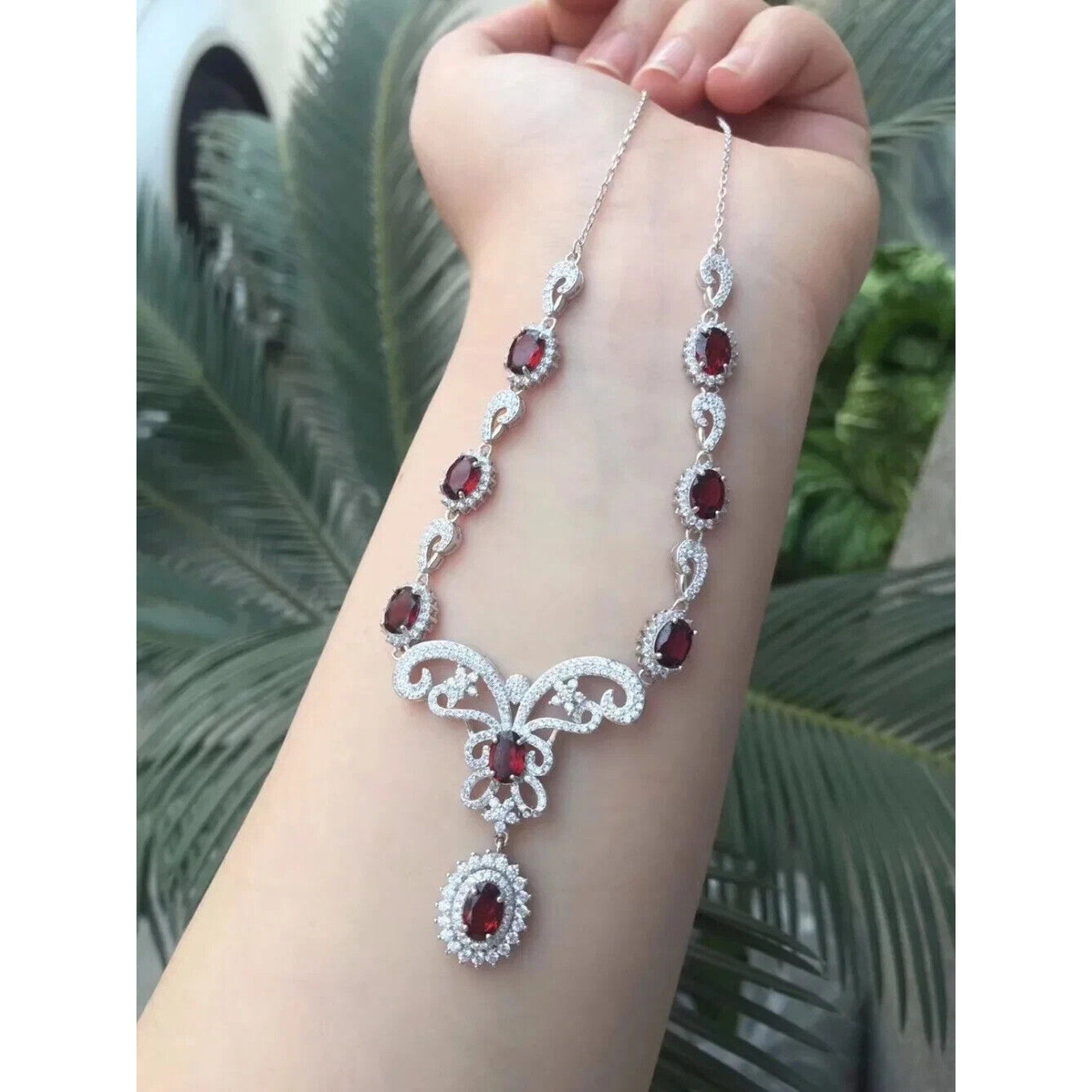 Red Garnet Gemstone Statement Necklace, January Birthstone Red Garnet 925 Silver