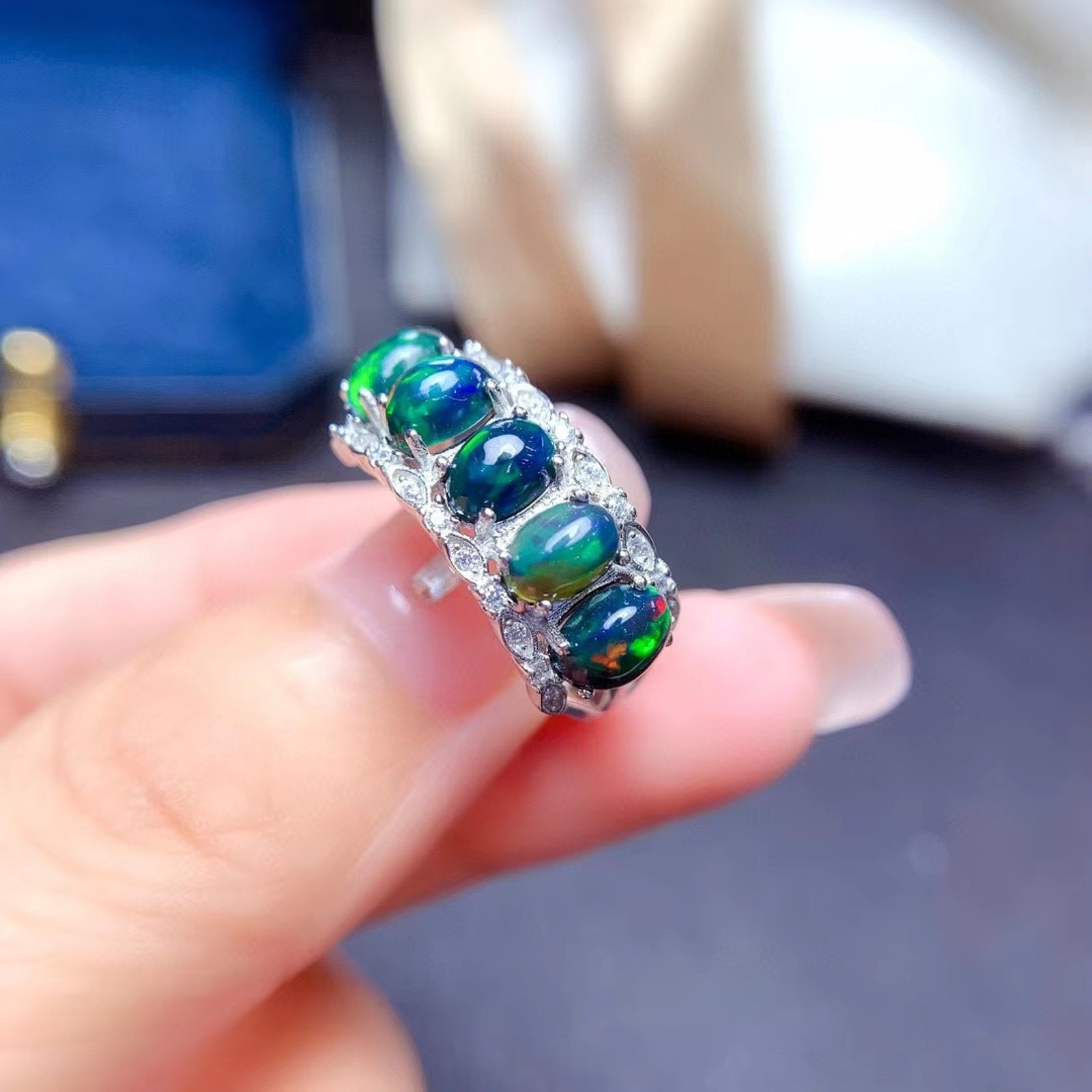 Black Opal Band Ring, Australian Fire Opal Statement Ring Sterling Silver