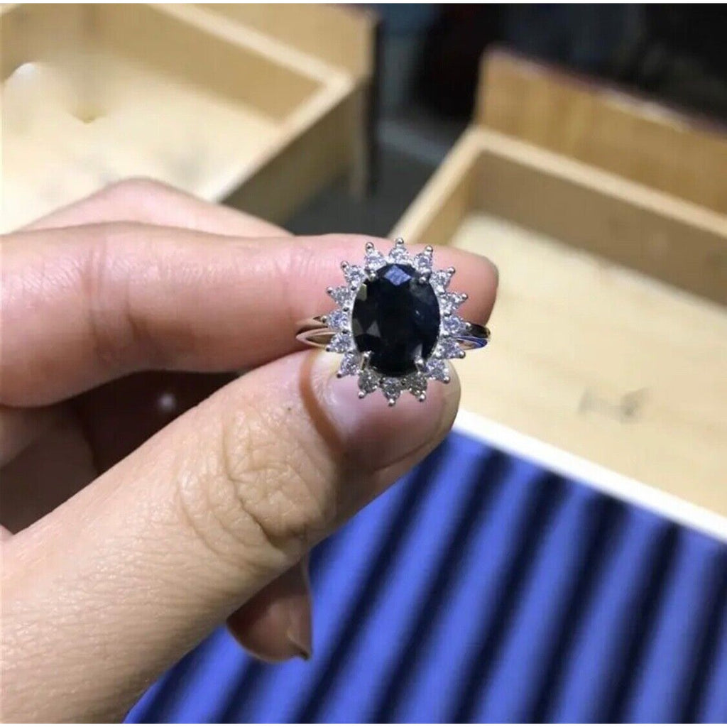 8x10mm Black Sapphire Ring, Prince Diana Sapphire Ring, Oval Sapphire