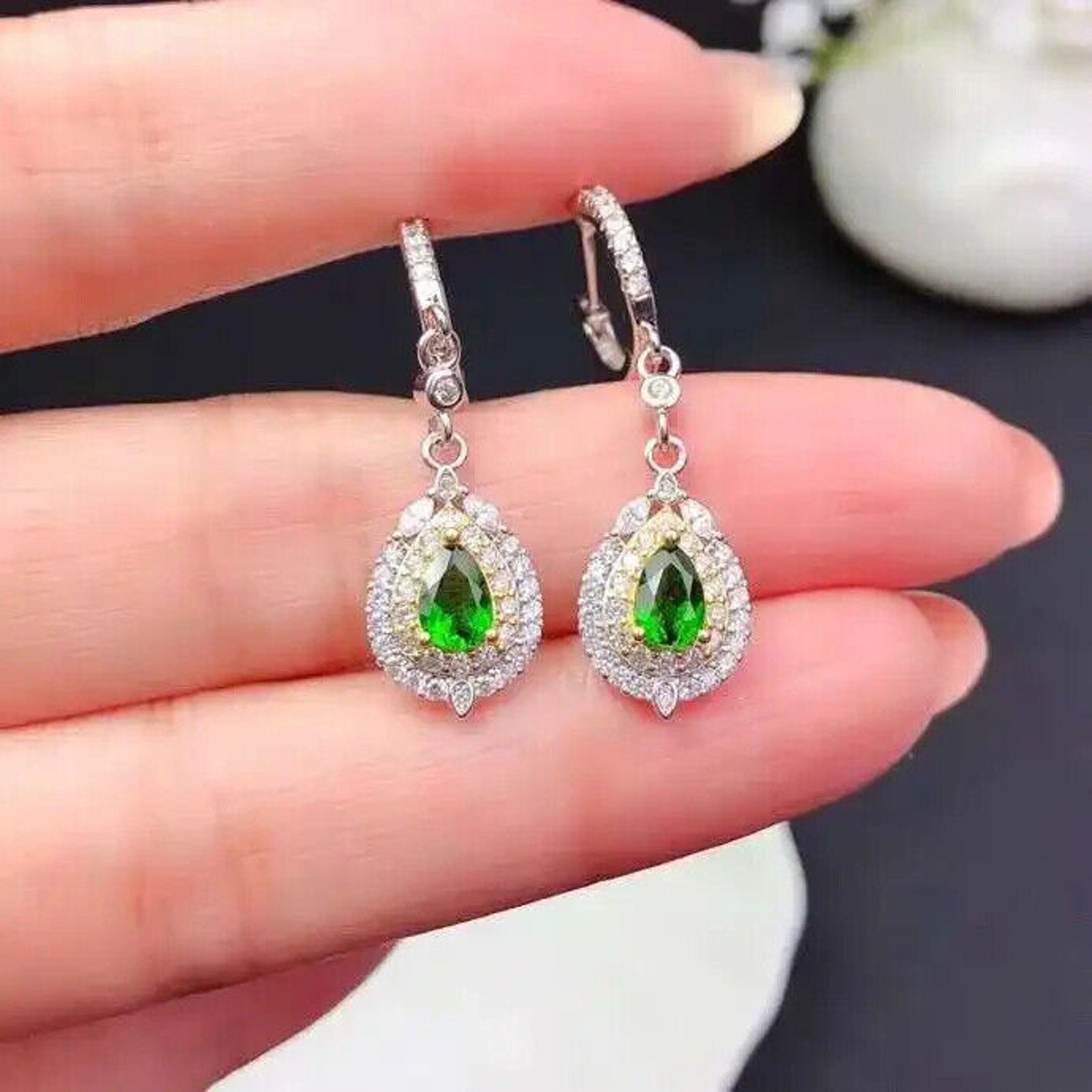 Chrome Diopside Pear Cut Dangle Hoop Earrings, Natural Diopside Earrings