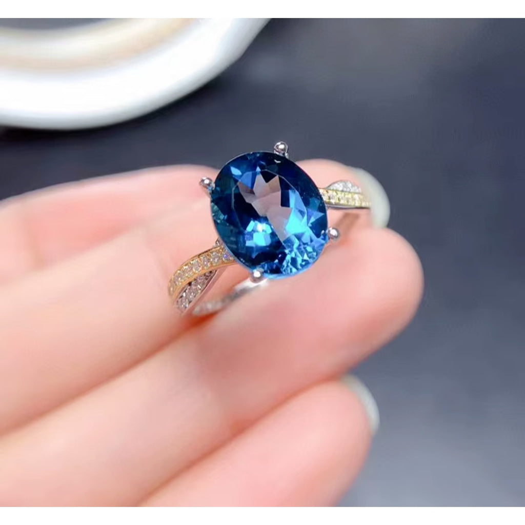 Natural London Blue Topaz Gemstone Ring 8x10mm, London Blue Topaz Ring 925