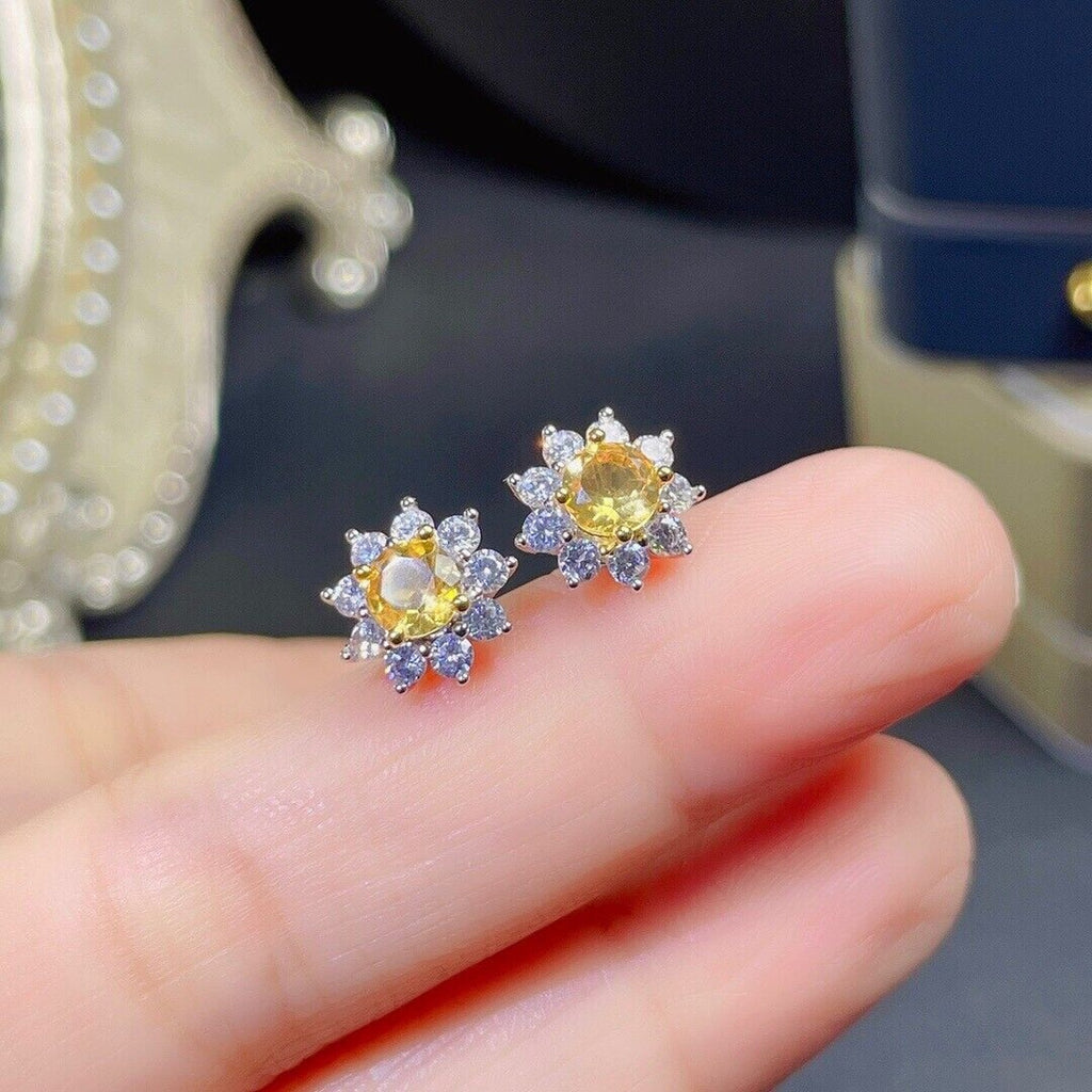 5x5mm Natural Citrine Flower Earrings, Genuine Citrine Stud Earrings Sterling
